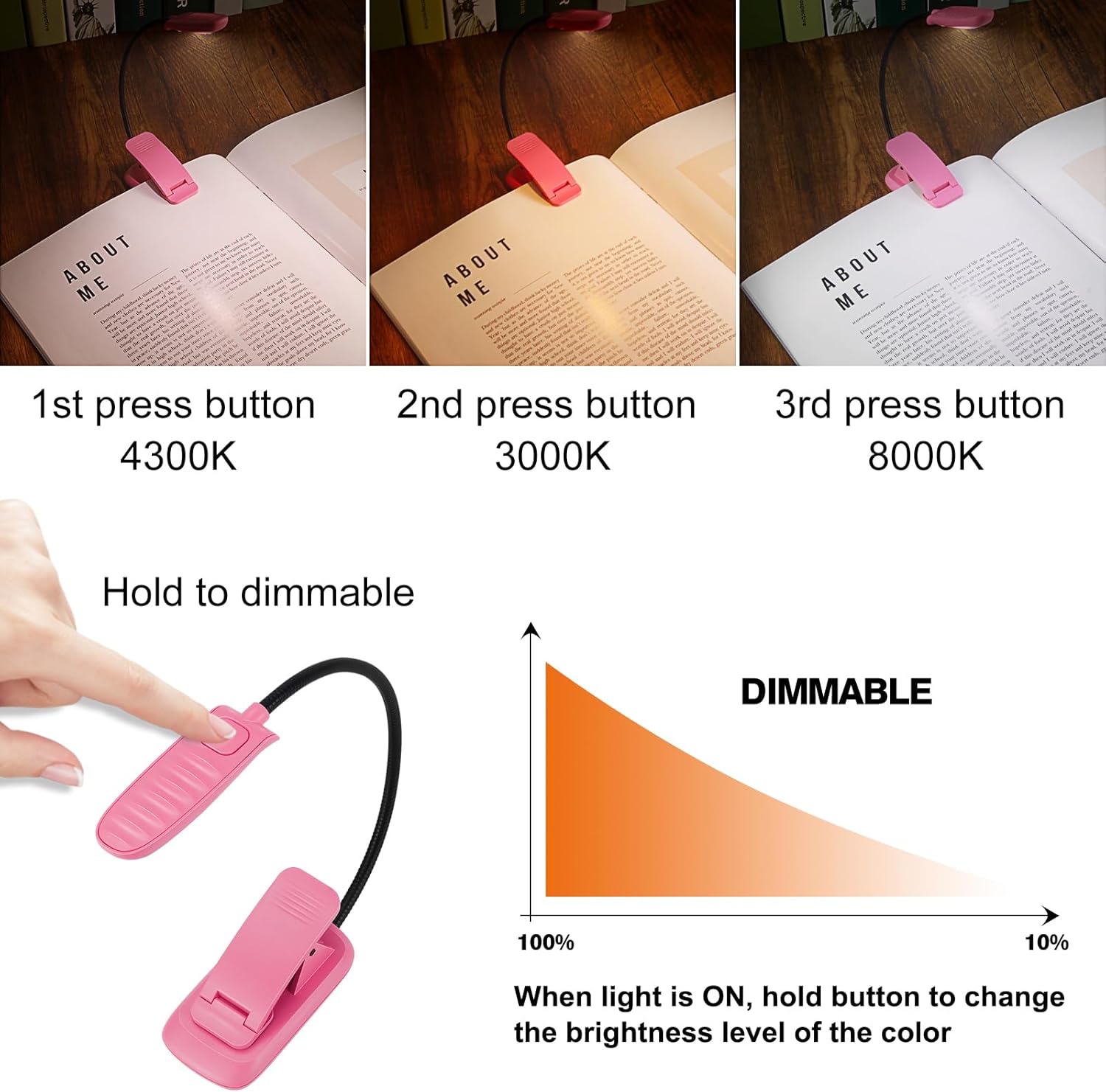 Luz recargable para leer en la cama, lámpara de lectura con brillo ajustable y giratoria de 360, lámpara de escritorio pequeña para el cuidado de