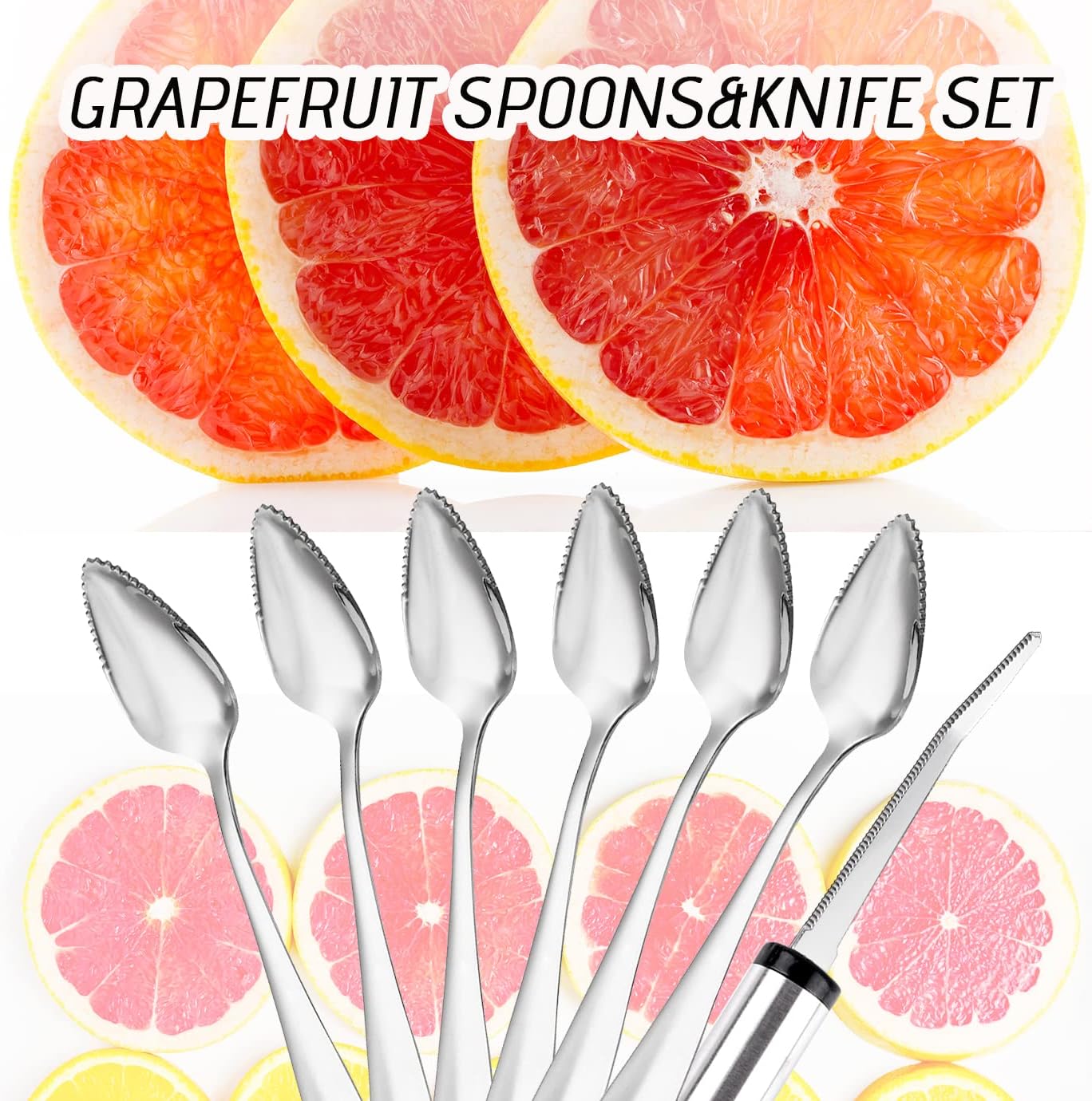 WXJ13 7 cucharas de pomelo y cuchillo de toronja, cuchara de postre de toronja de acero inoxidable, utensilios de toronja dentada, herramientas para