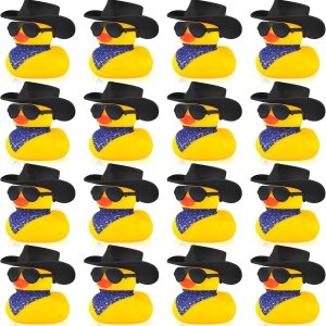 Juego de 16 mini pato de goma vaquero con sombrero de vaquero, bufanda y gafas de sol, mini patitos amarillos, juguete para fiesta de baño, mini Juego de 16 mini pato de goma vaquero con sombrero de vaquero, bufanda y gafas de sol, mini patitos amarillos, juguete para fiesta de baño, mini