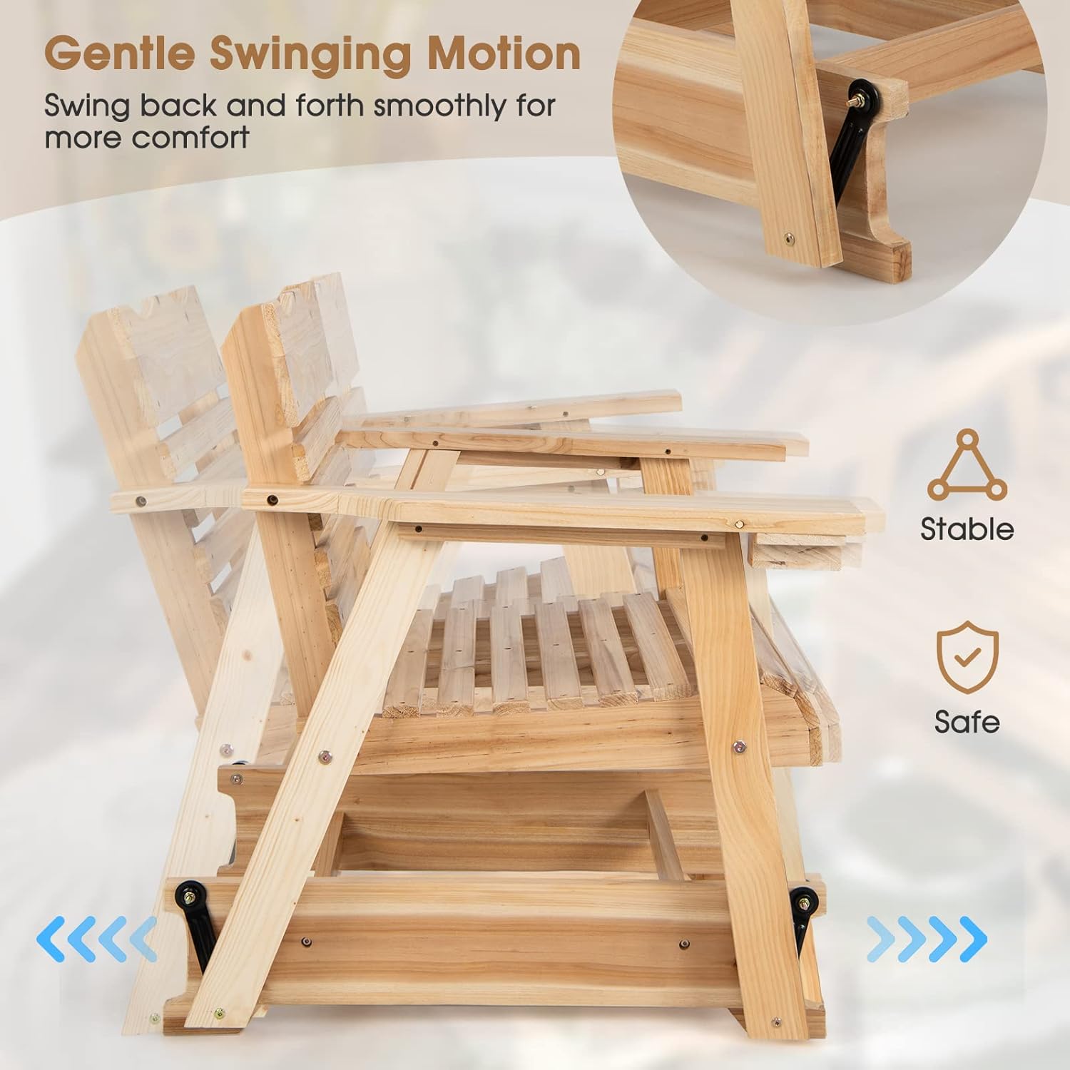 HAPPYGRILL Mecedora de madera para patio al aire libre con soporte oculto para tazas, balancín ergonómico de madera de abeto para porche delantero,