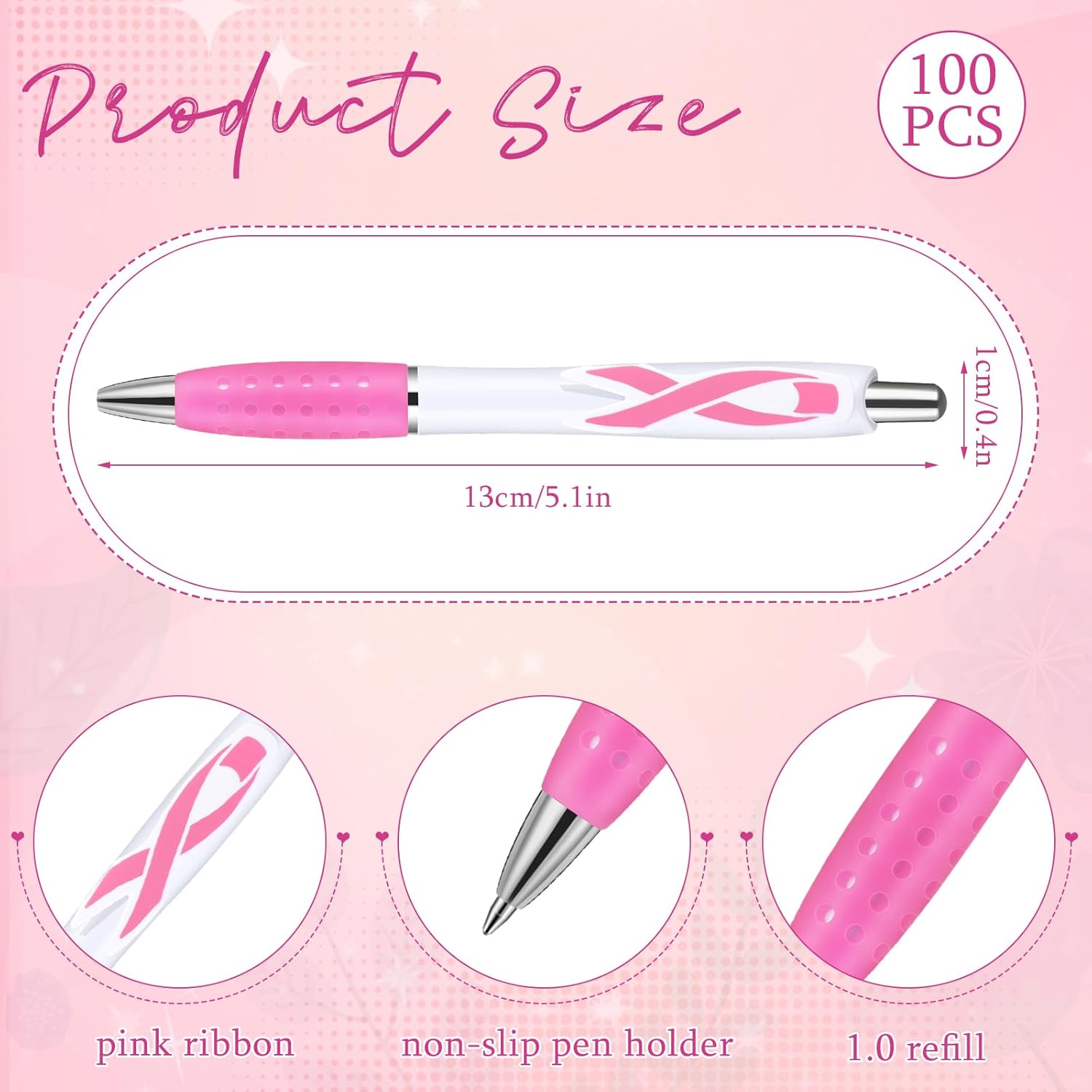 Ctosree 100 bolígrafos retráctiles de gel de cinta rosa para concientización sobre el cáncer de mama, punta fina, tinta negra, bolígrafos de