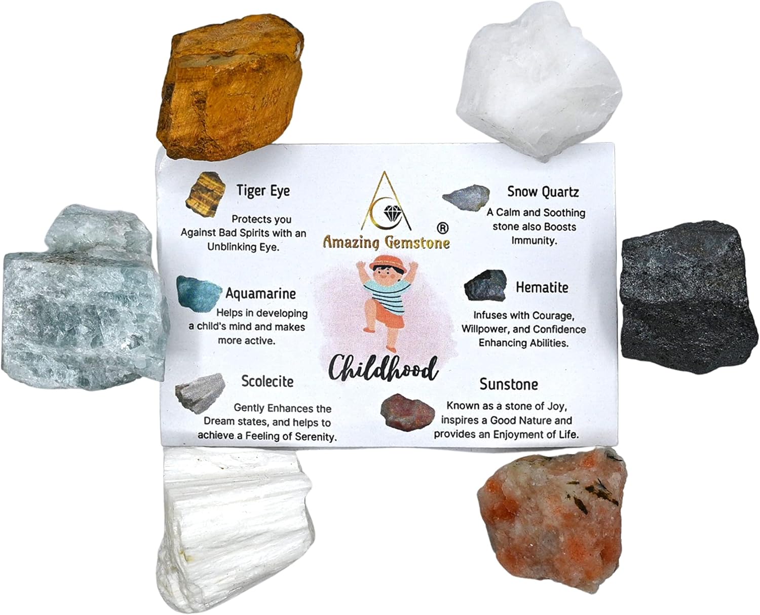 Cristales para niños, juego de 6 cristales curativos de ojo de tigre, aguamarina, cuarzo de nieve, hematita, escolecita y piedra solar