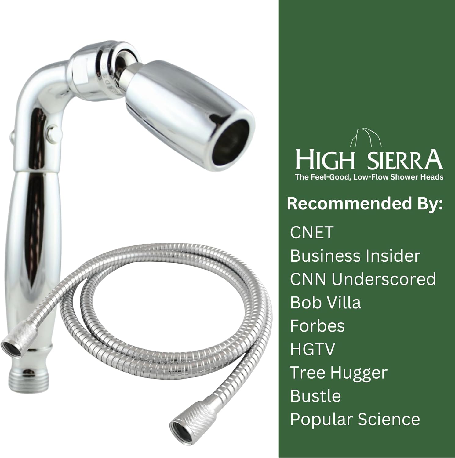 Cabezal de ducha de mano de metal sólido de High Sierra con válvula de goteo y manguera de metal de 72 pulgadas con tubo interior de silicona. Flujo
