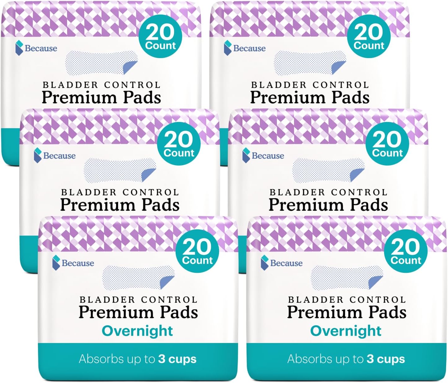 Because Almohadillas de incontinencia prémium para mujer, forro discreto, envueltos individualmente, absorción durante la noche, 120 unidades (6