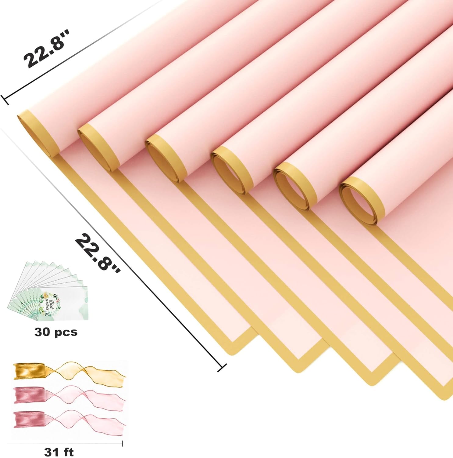 JOYIT 60 hojas de papel de regalo de flores rosadas, papel de regalo de ramo de flores con cinta y tarjetas, papel de flores impermeable para bodas,
