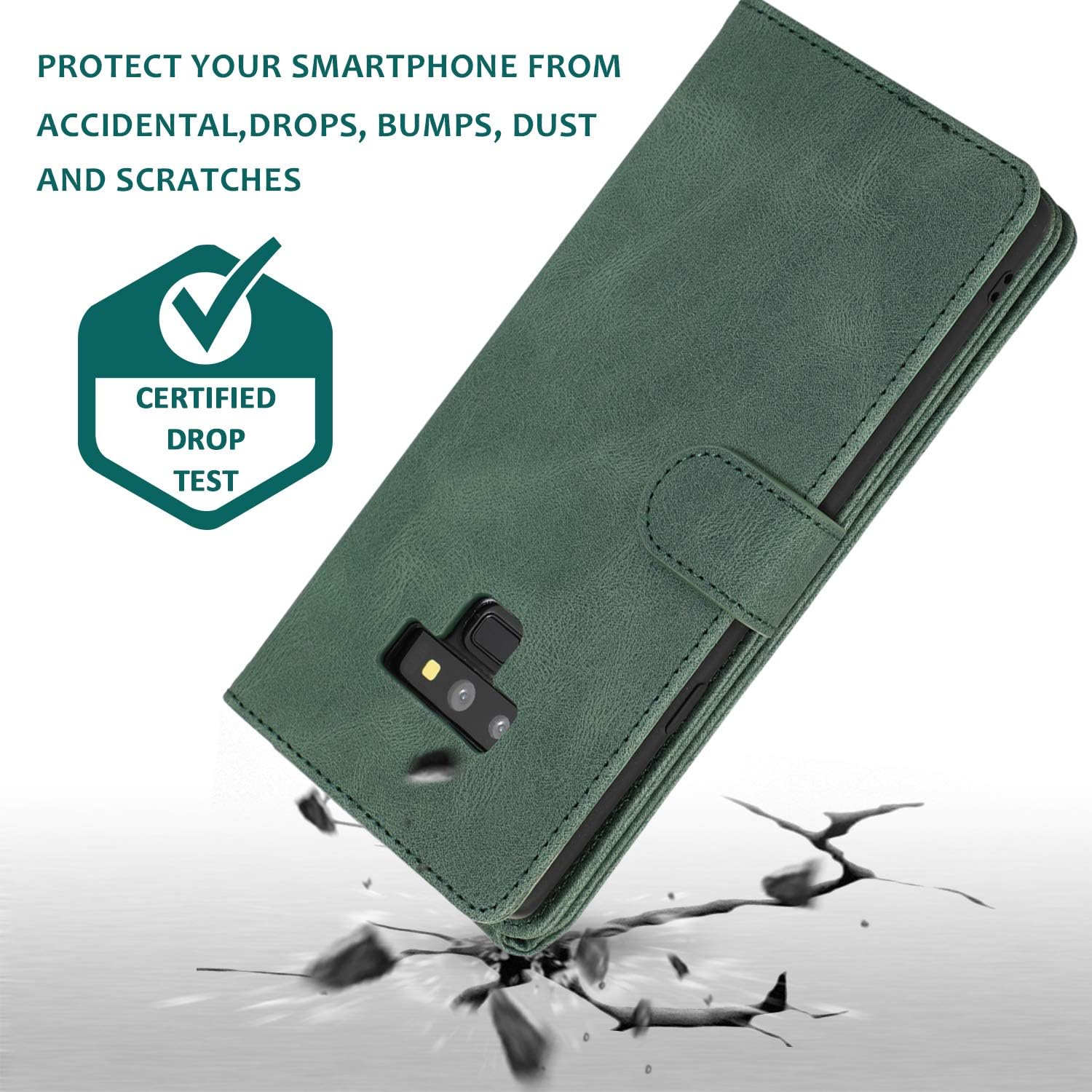 Asuwish Compatible con Samsung Galaxy Note 9 – Funda tipo cartera de vidrio templado, protector de pantalla y cremallera de cuero retro, soporte