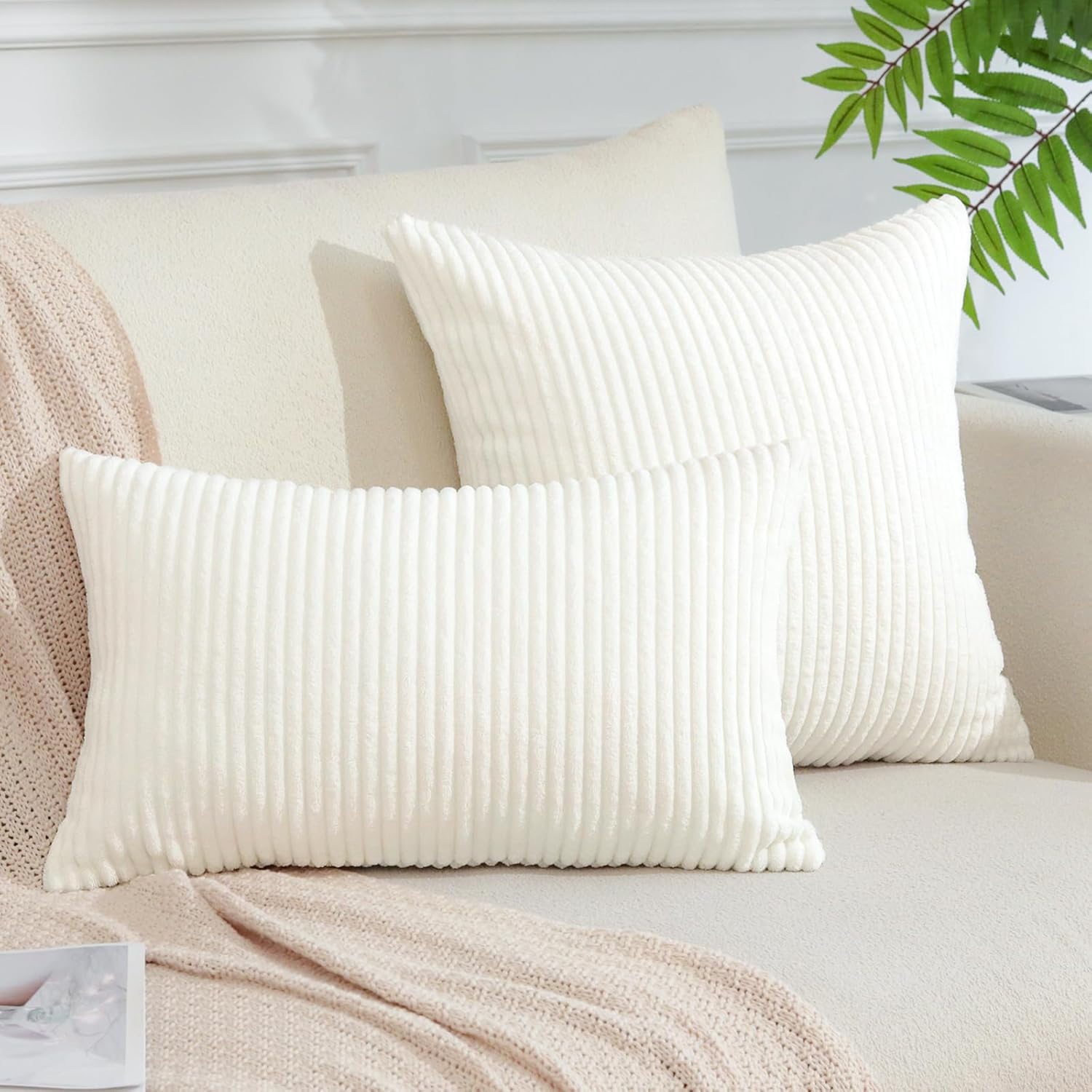 OTOSTAR Paquete de 2 fundas de almohada de pana suave de 18 x 18 pulgadas, decorativas, cuadradas, sólidas, a rayas, para sofá, casa rural,