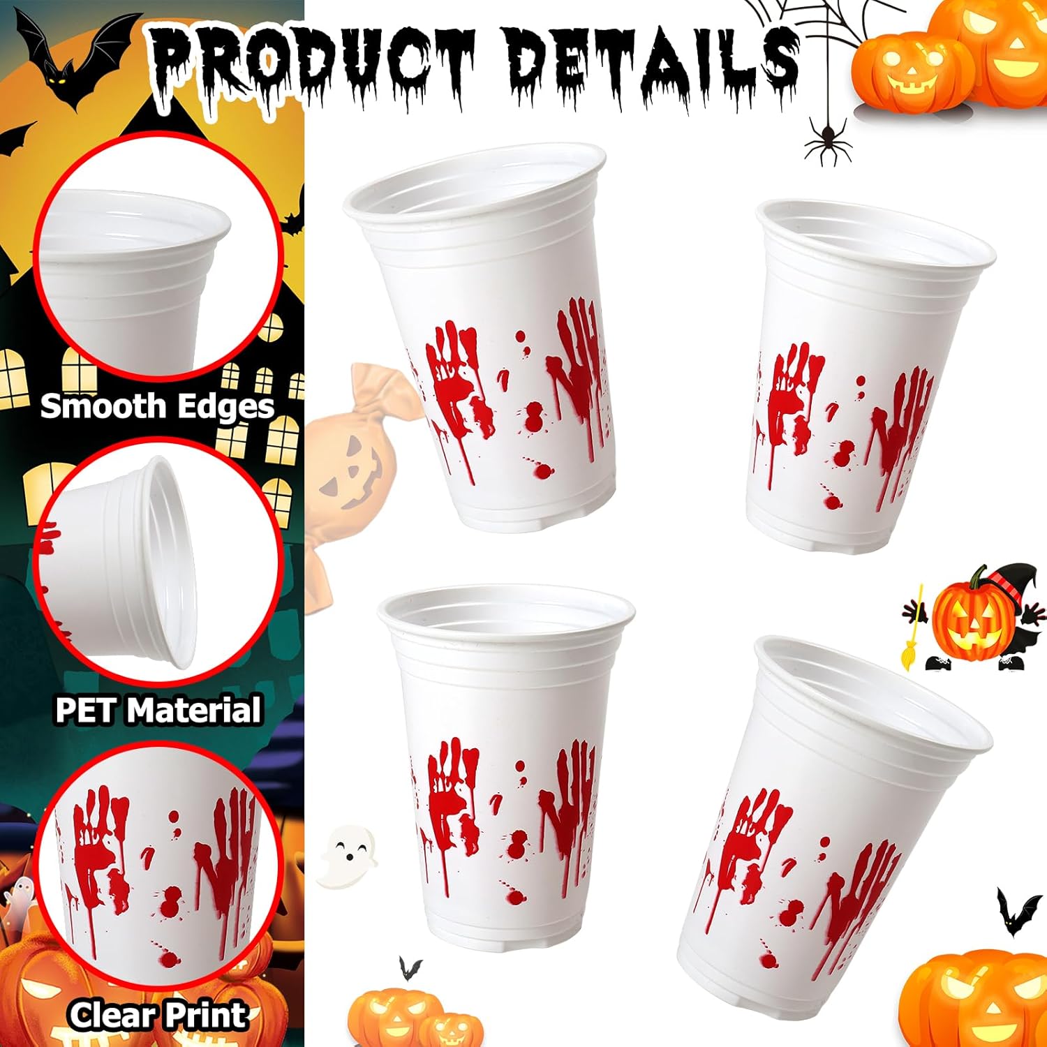HENILEW 50 vasos de plástico desechables de Halloween, 10 onzas, taza de fiesta con estampado de mano sangrienta, vasos de fiesta para niños, tazas
