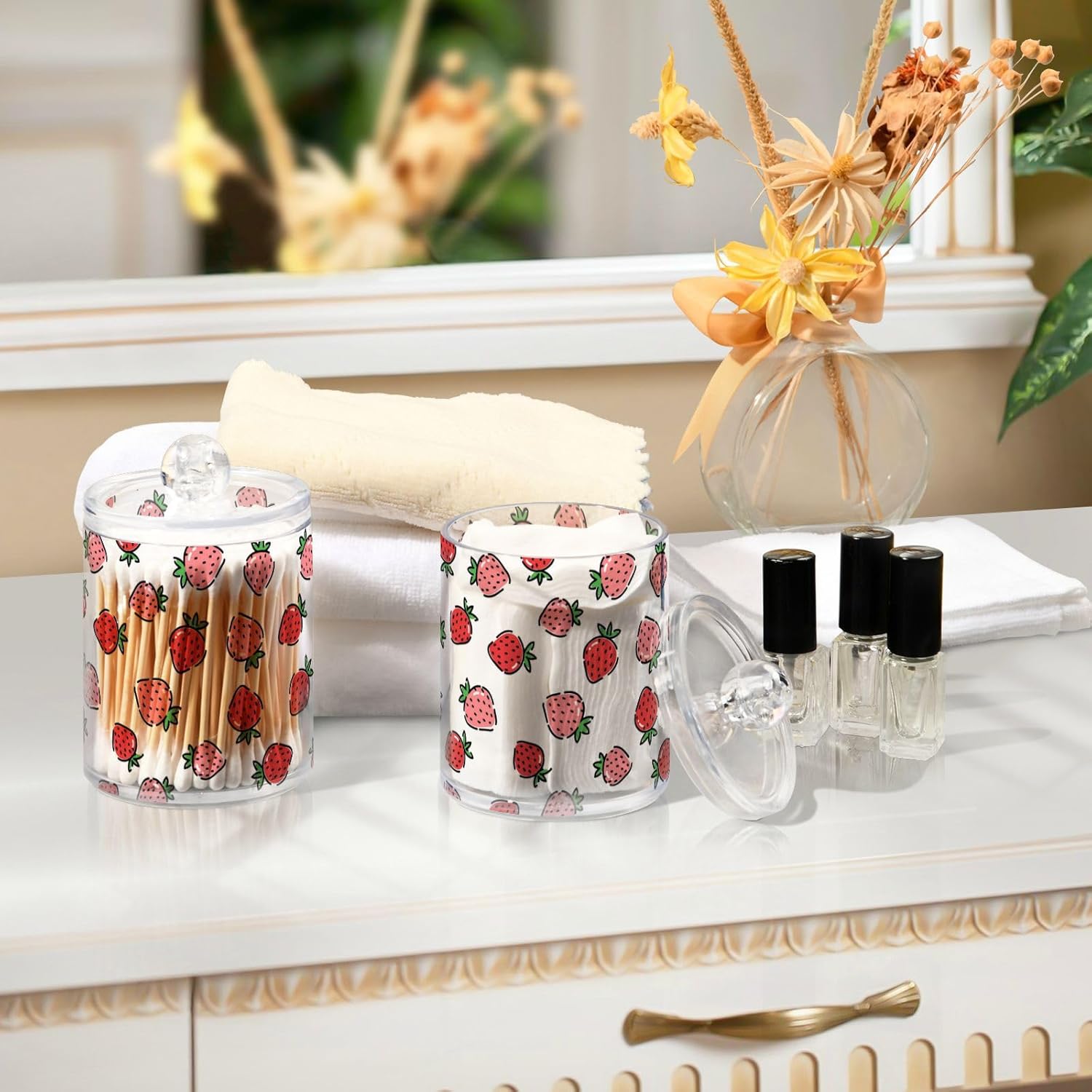 Paquete de 2 dispensadores de fresas para bolas de algodón, hisopos de algodón, juego de tarros de boticario de plástico para baño, organización de