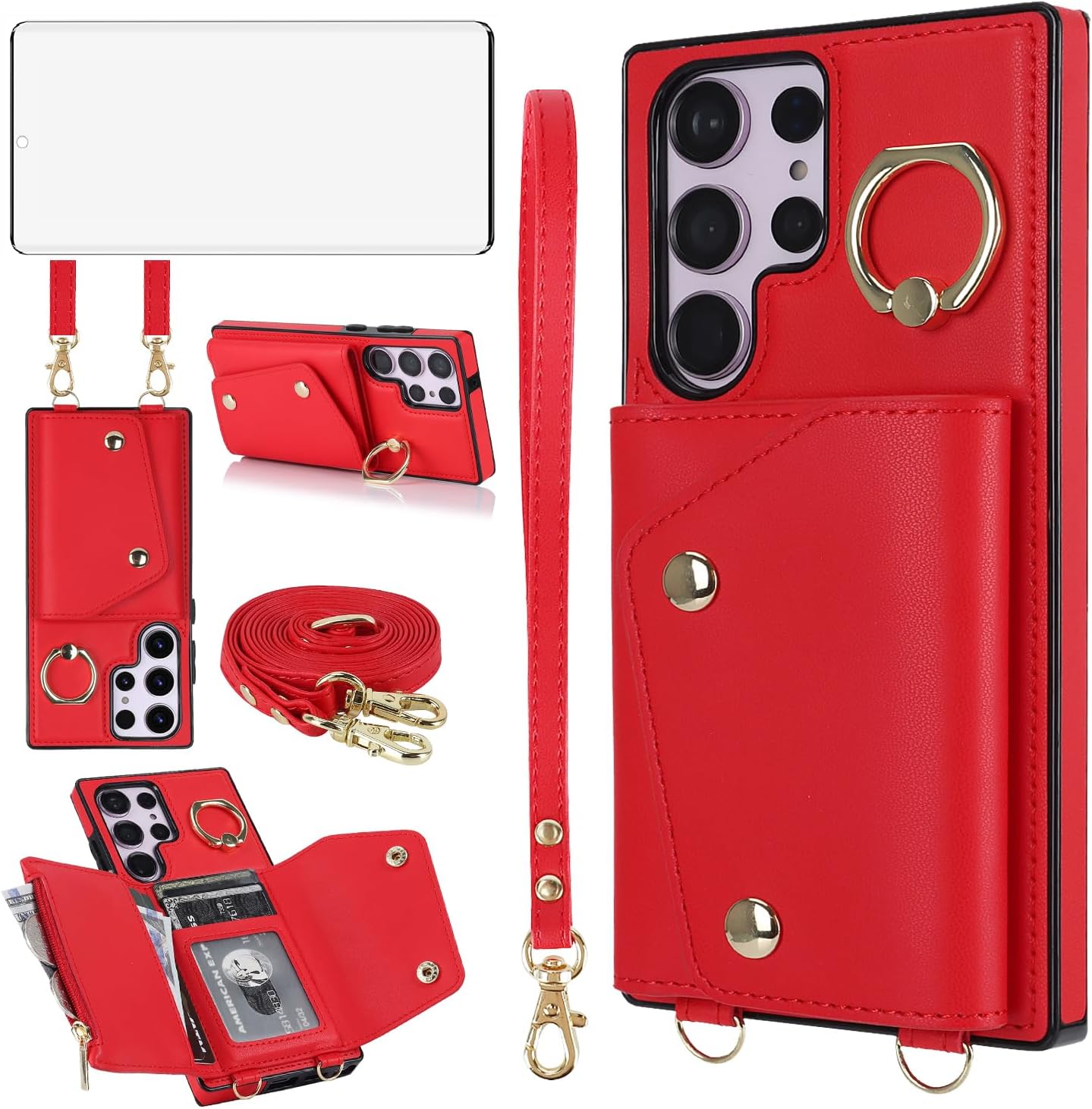 Asuwish Funda para teléfono Samsung Galaxy S23 Ultra 5G Funda tipo cartera con protector de pantalla y soporte para anillo para tarjeta de crédito,