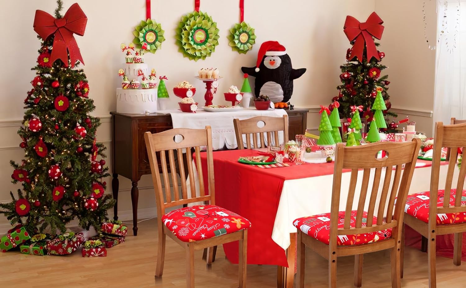 Juego de 4 fundas de asiento navideñas para sillas de comedor, elásticas, extraíbles y lavables, fundas de asiento para sillas de cocina,