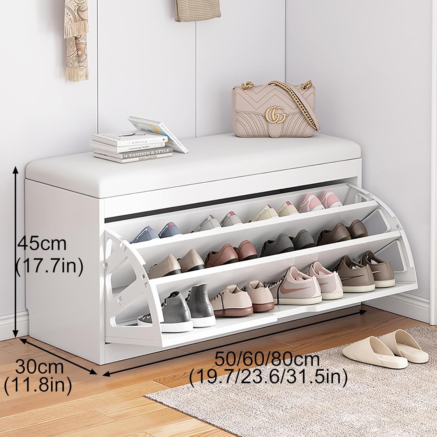 Banco de zapatos, banco con almacenamiento de zapatos, banco de entrada superior con cojín extraíble, zapatero de madera con cajón de almacenamiento