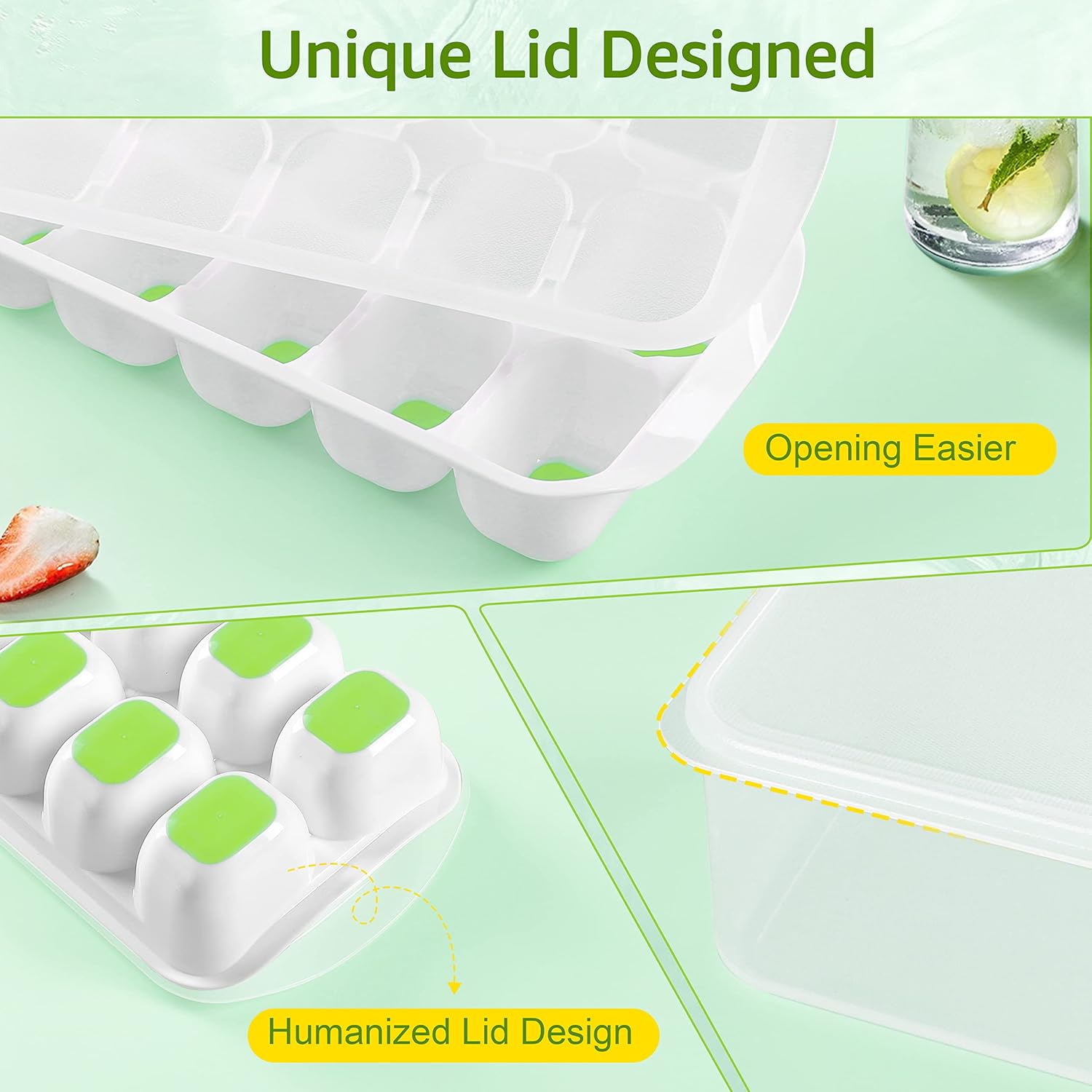 ICEXXP Paquete de 4 bandejas para cubitos de hielo con tapa y contenedor, bandejas de cubitos de hielo para congelador con caja de hielo, bandejas
