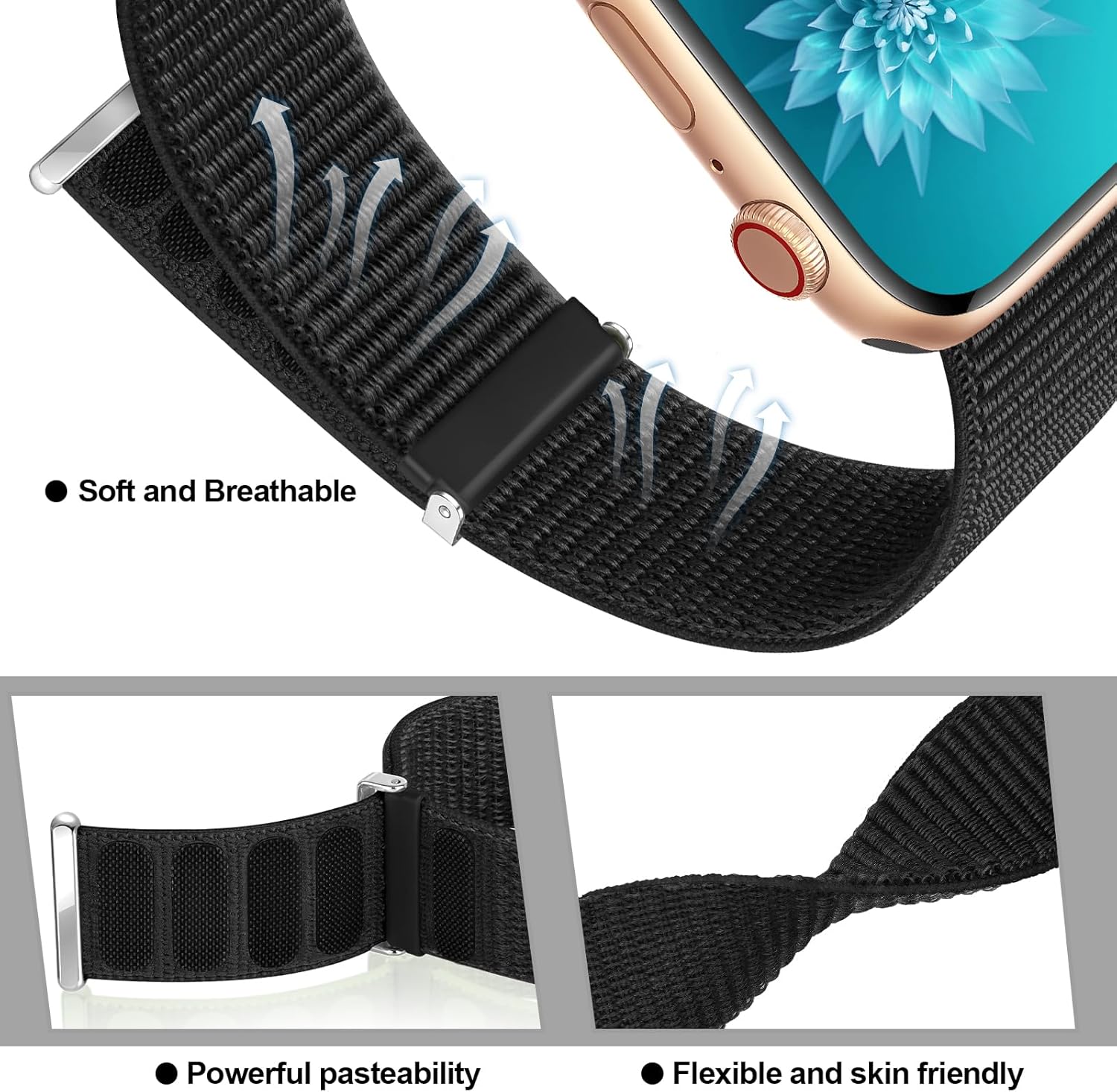 OHOTLOVE Correa de nailon compatible con Apple Watch Band de 1.496 pulgadas, 1.575 pulgadas, 1.614 pulgadas, 1.654 pulgadas, 1.732 pulgadas, 1.772