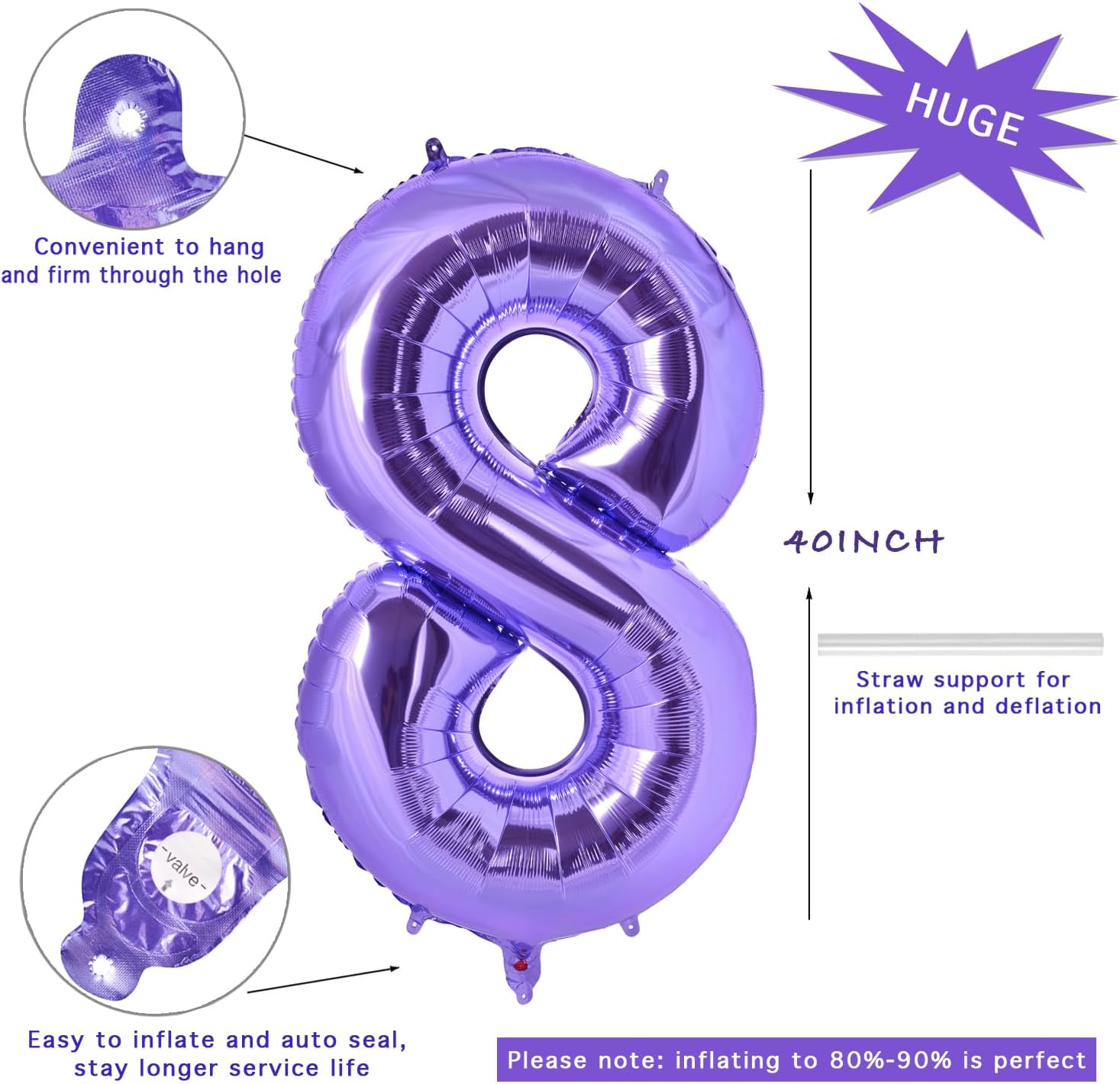 Globos gigantes morados de 40 pulgadas con números 8, globo de aluminio digital gigante de Mylar para decoración de fiesta de cumpleaños, boda,