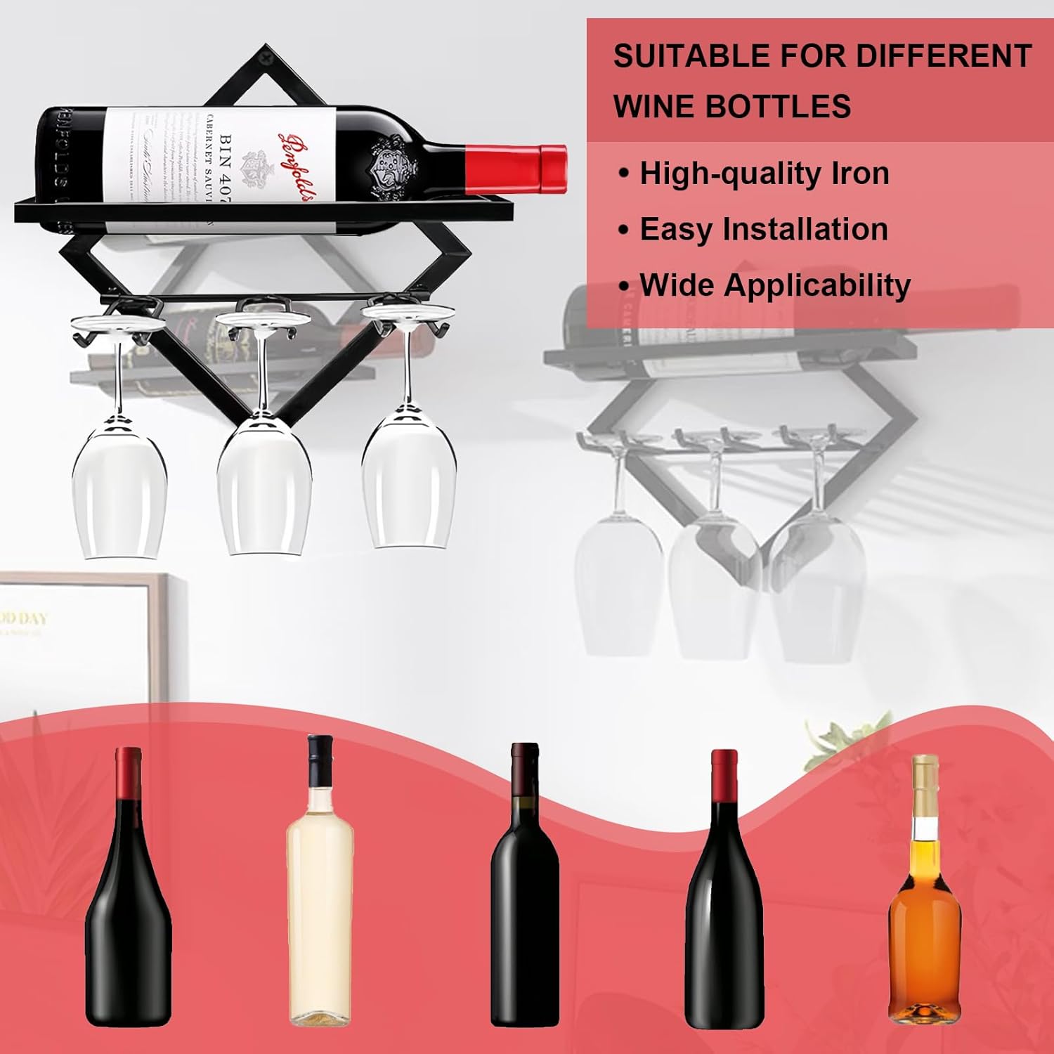 Estante de vino para montar en la pared, 2 unidades, estante plegable para vino colgante con soporte para vidrio, soporte de metal para copa de vino