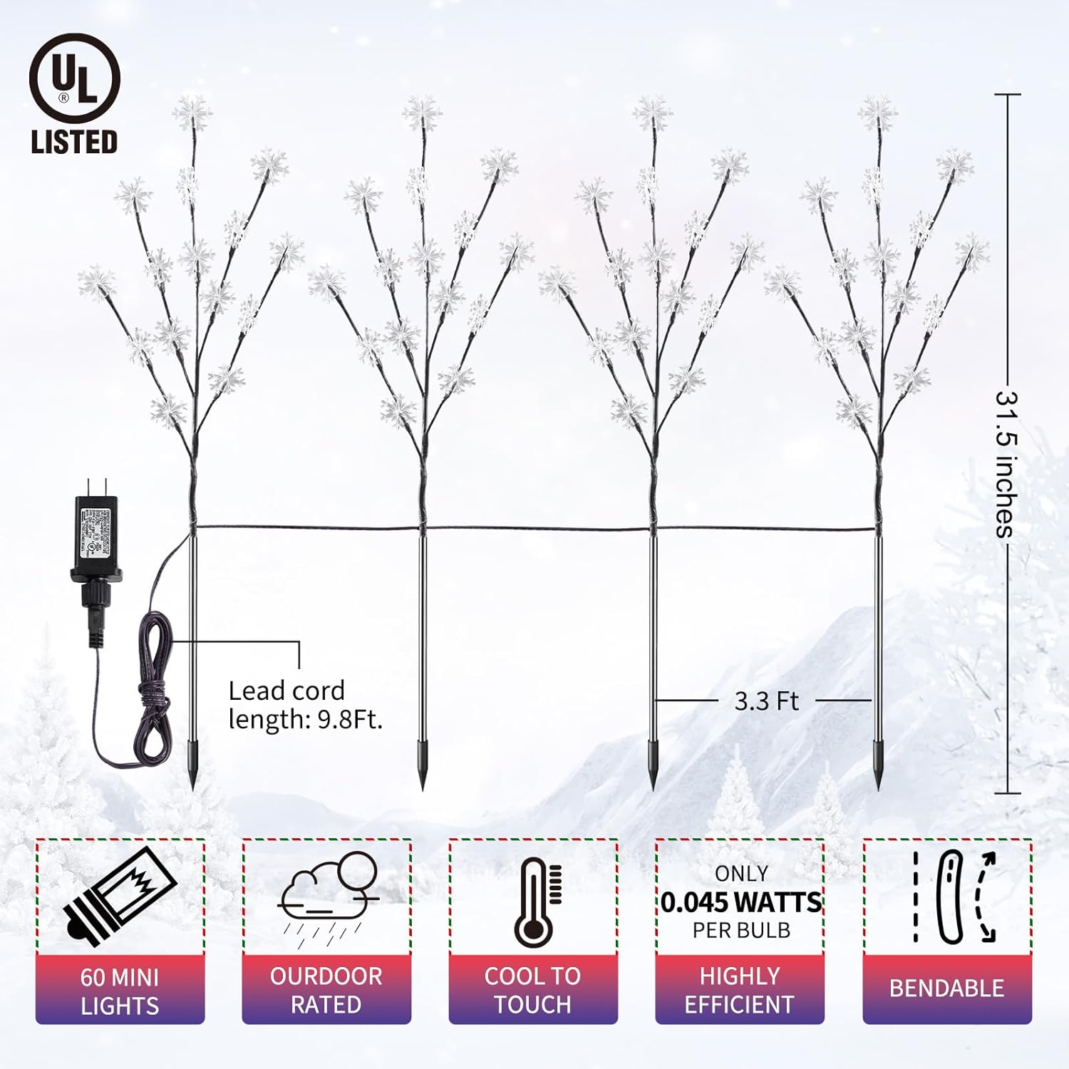 Luces de copo de nieve para caminos al aire libre, 4 paquetes de ramas iluminadas, decoración de patio de Navidad, árbol de Navidad pequeño con