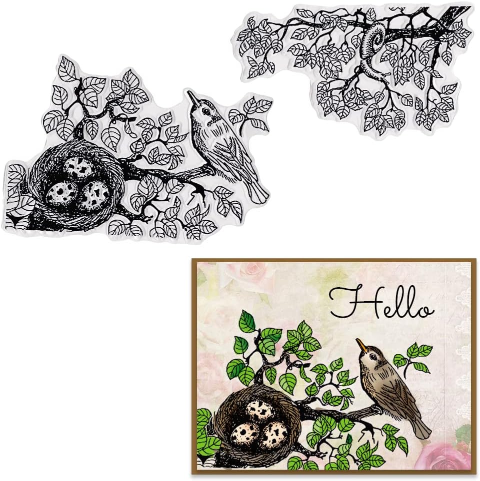 Árboles, pájaros, fondo, sellos transparentes para hacer tarjetas y diario, hojas de árbol florales, sellos de goma para álbumes de recortes,