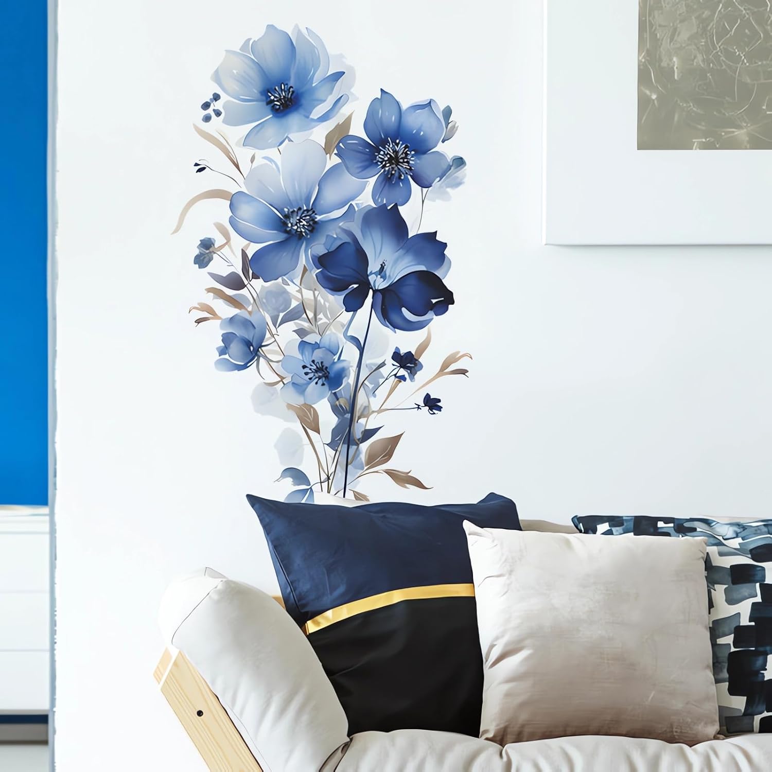 Calcomanías de pared con diseño de margaritas y peonías de sirena azul, calcomanías de pared de arte floral de rosas de acuarela de sacinora