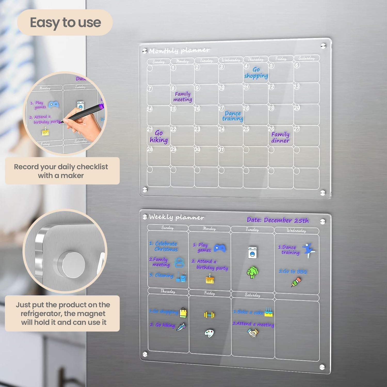 Calendario mensual y semanal magnético acrílico para refrigerador, juego de 2 calendarios transparentes de borrado en seco para refrigerador