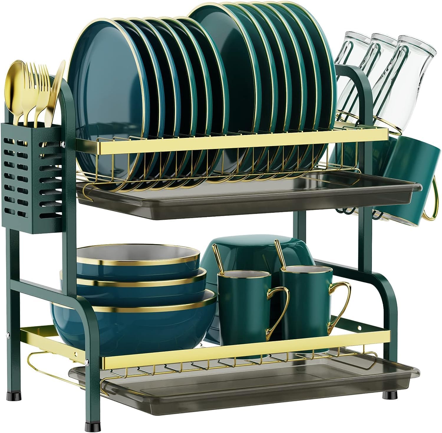 Escurridor de platos, juego de escurridor de platos de acero inoxidable de 2 niveles, soporte para utensilios, soporte para tazas, escurridor de