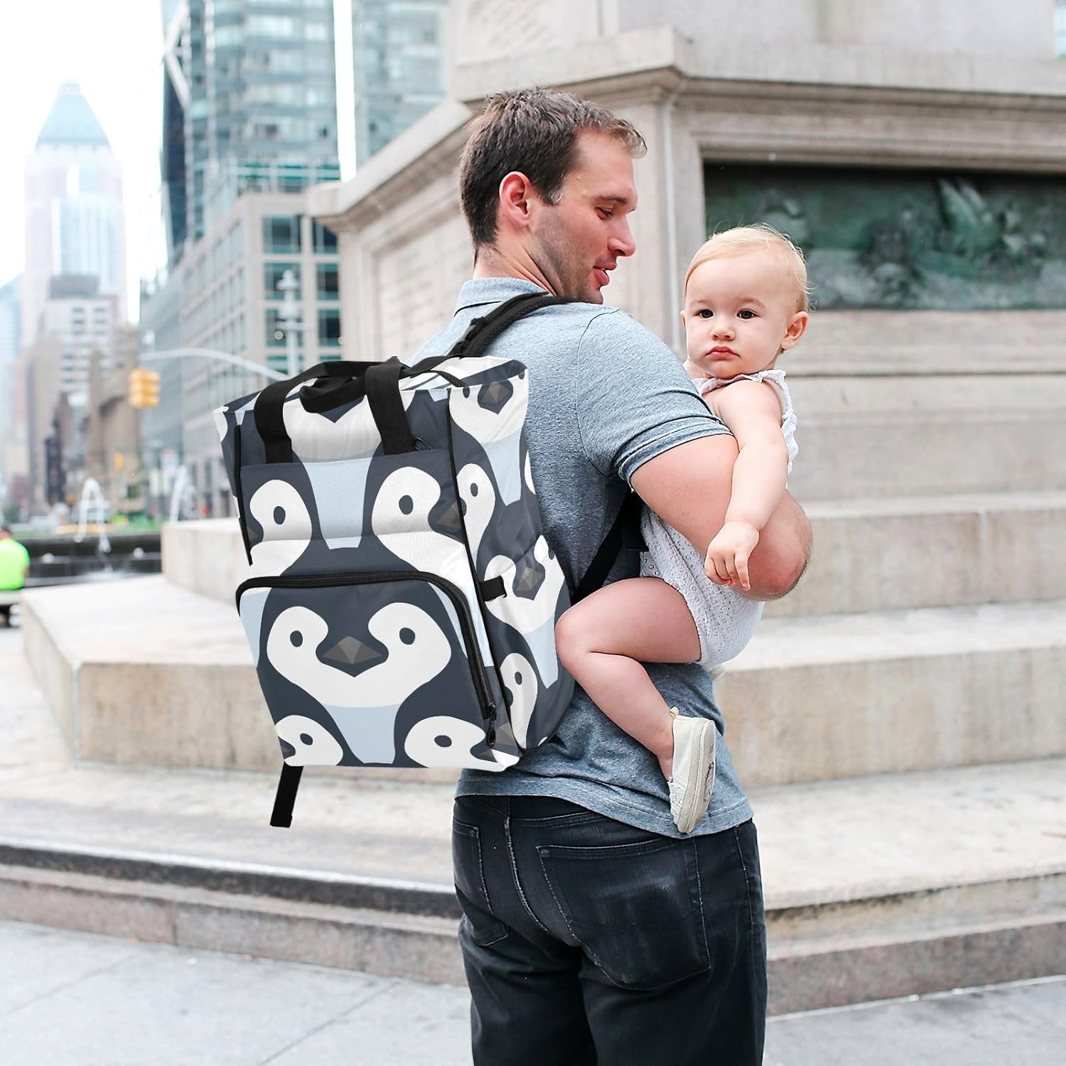 Mochila de pañales de pingüino de dibujos animados para bebés, niños y niñas, multifunción para bebés, bolsa de viaje con correas para cochecito y