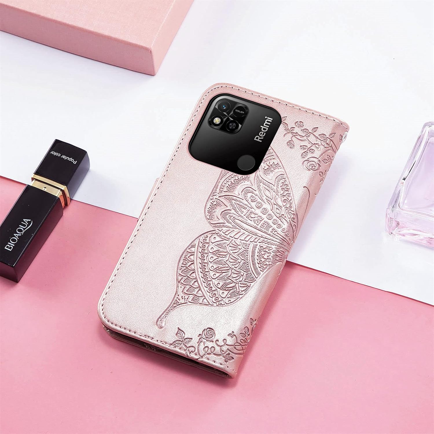 CCSmall Funda tipo cartera para Xiaomi Redmi 10A, 3D mariposa flor PU cuero con ranuras para tarjetas de crédito titular cierre magnético Folio