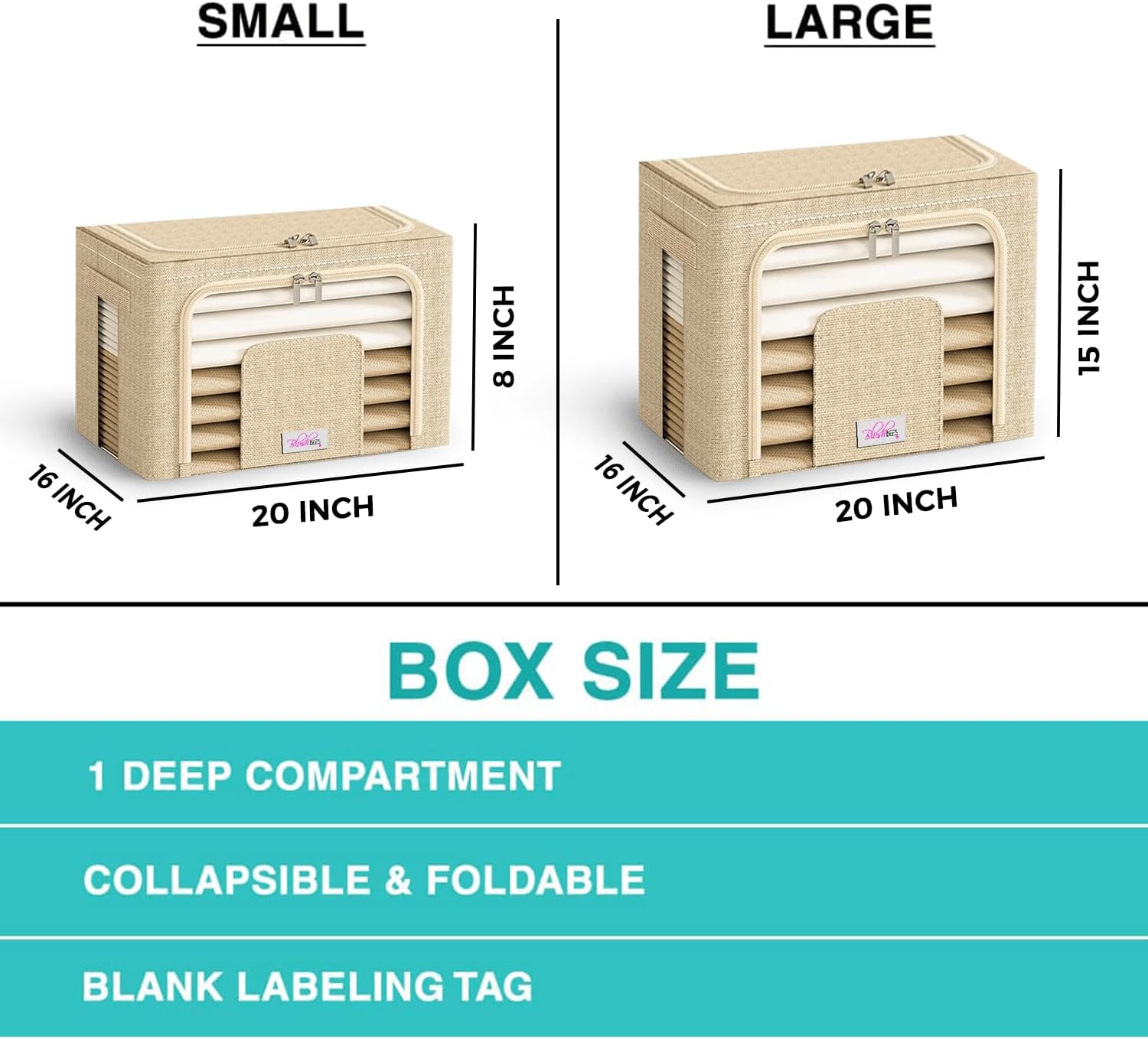Blushbees Cajas de almacenamiento plegables de tela Oxford para ropa, colchas, lino con soportes de metal (paquete de 4 cajas, tamaño grande de 20 x