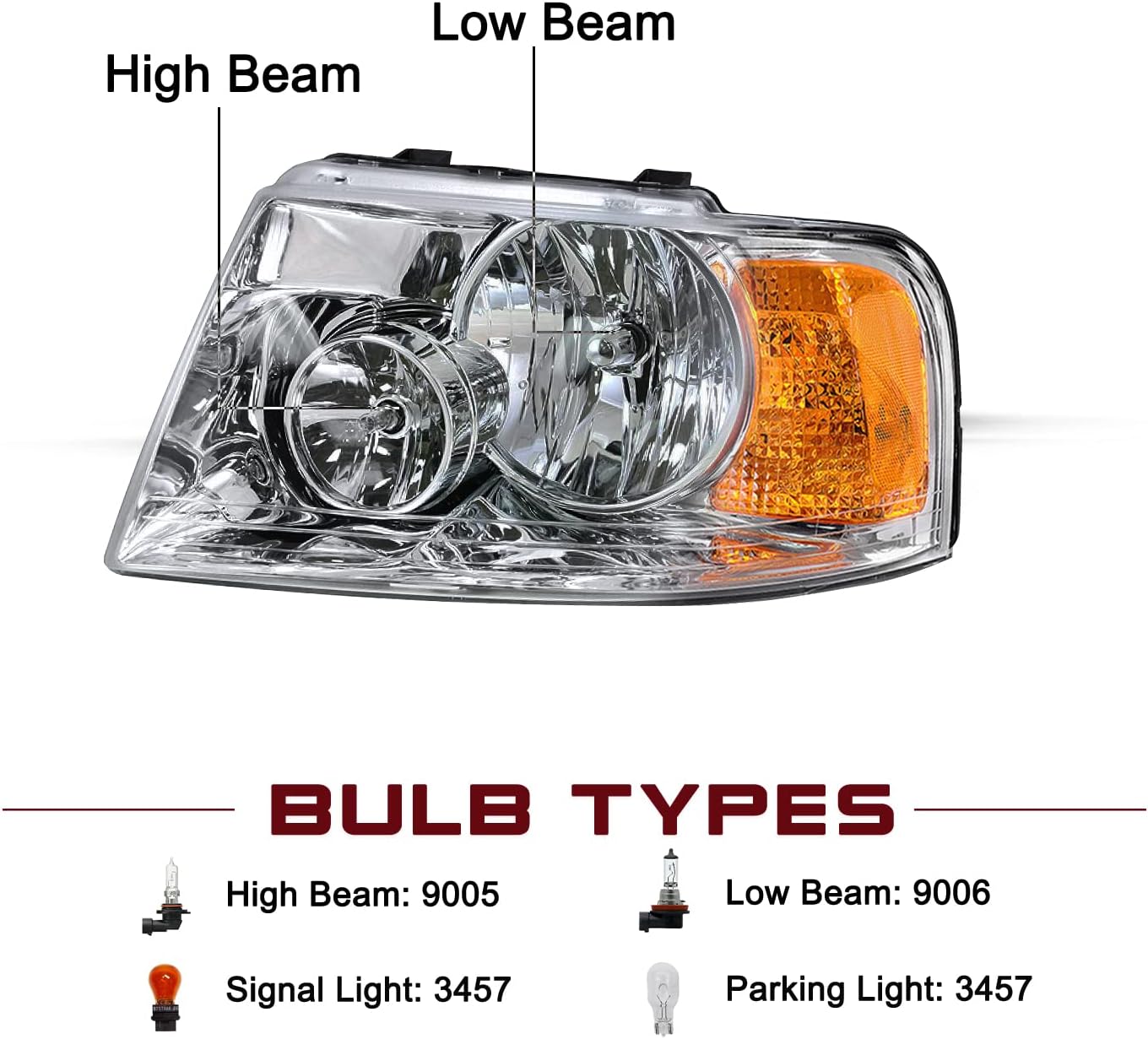JSBOYAT Conjunto de faros delanteros con bombillas de repuesto para Ford Expedition 2003-2006 lado del pasajero y del conductor, carcasa cromada con
