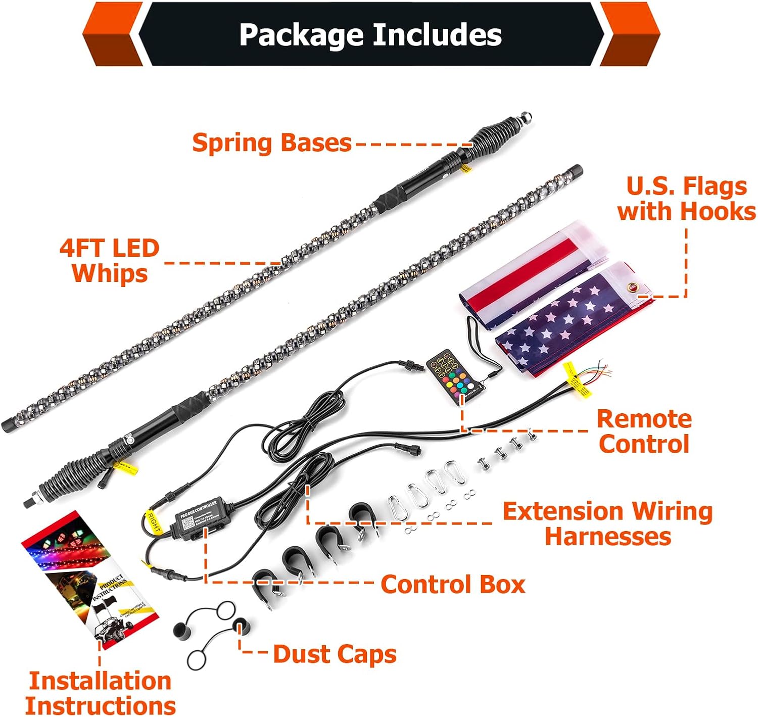 WeiSen 2 luces LED RGB de 4 pies con aplicación Bluetooth, base de resorte de 360 en espiral RGB persecución todoterreno antena iluminada látigos