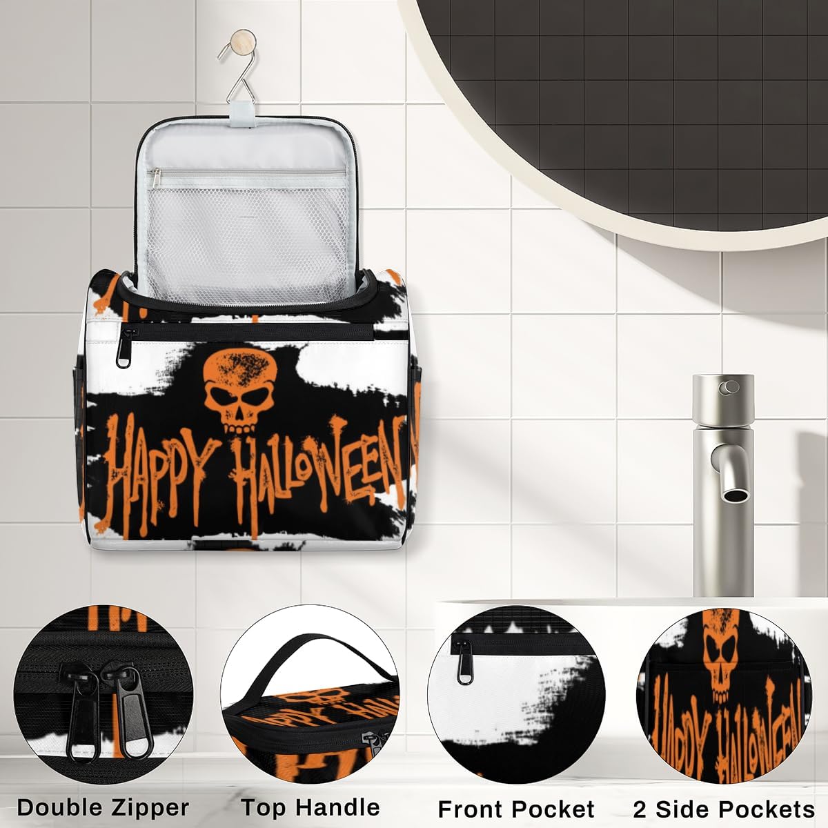 Halloween Decor Theme Toiletry Bag for Women Travel Makeup Organizer with Hanging Hook Traveling Cosmetic Bags for Toiletries Accessories