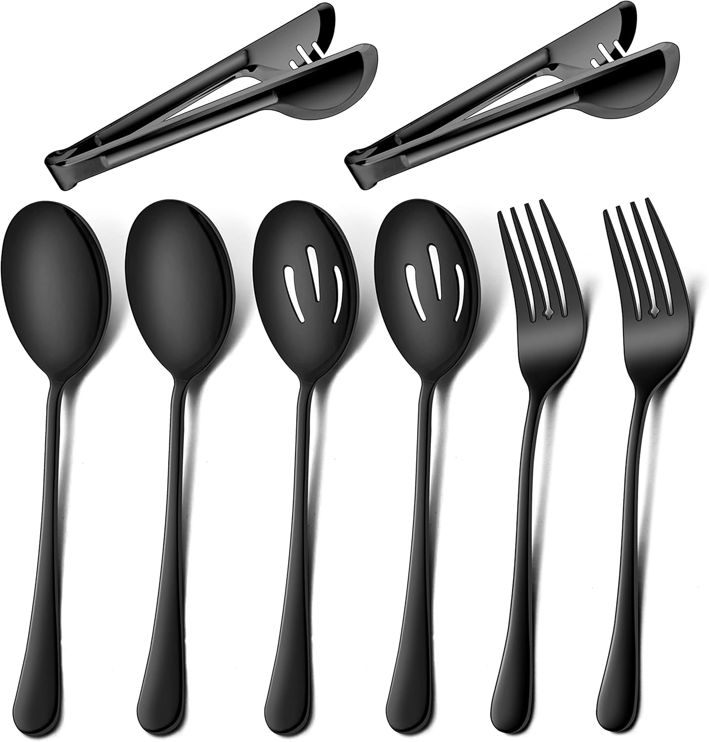 LIANYU Juego de utensilios grandes negros para servir, 3 cucharas para servir, 3 cucharas ranuradas, 3 tenedores para servir, 3 pinzas para servir,