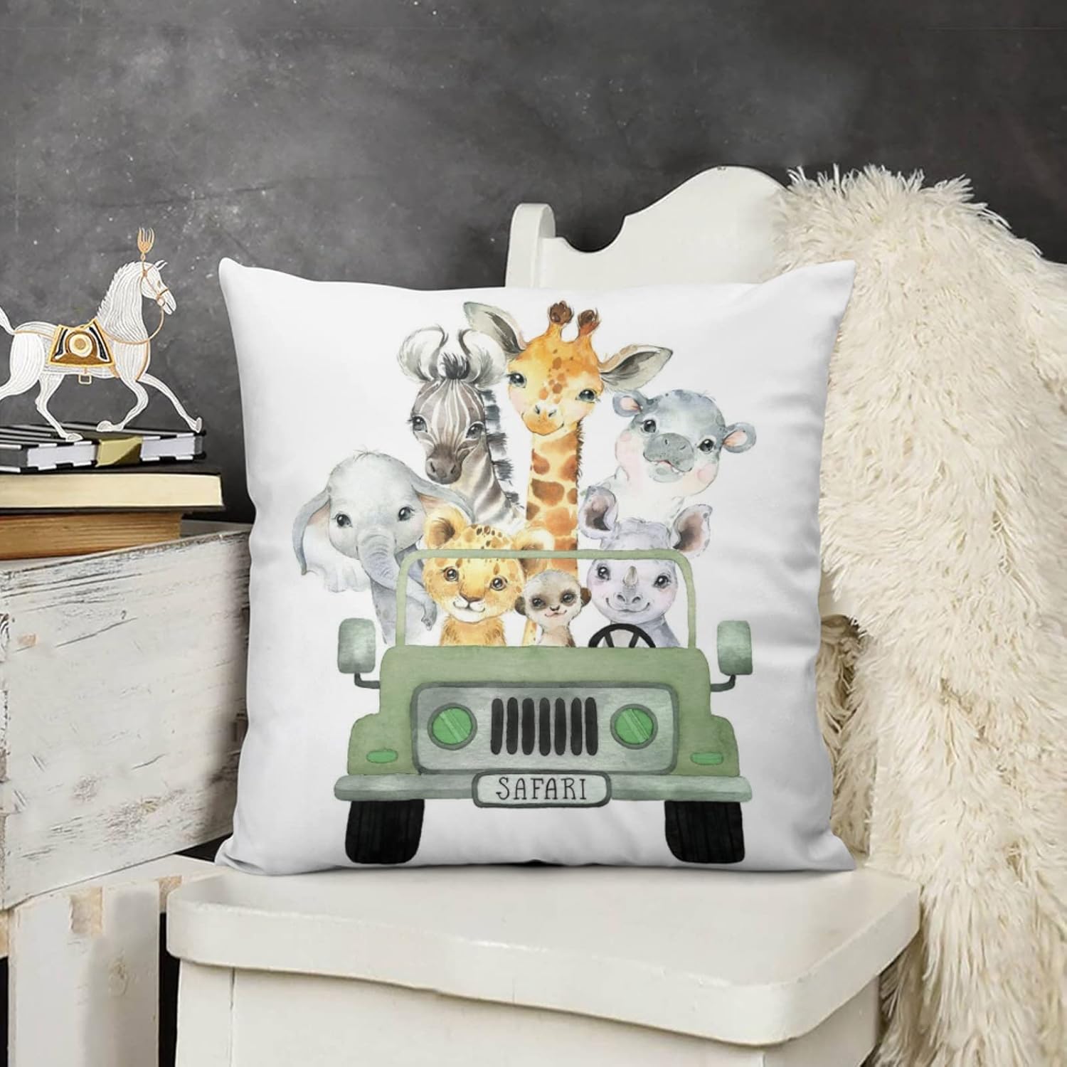 Funda de almohada decorativa para bebé niño y niña, diseño de safari con diseño de camión de animales de safari, funda de cojín de selva,