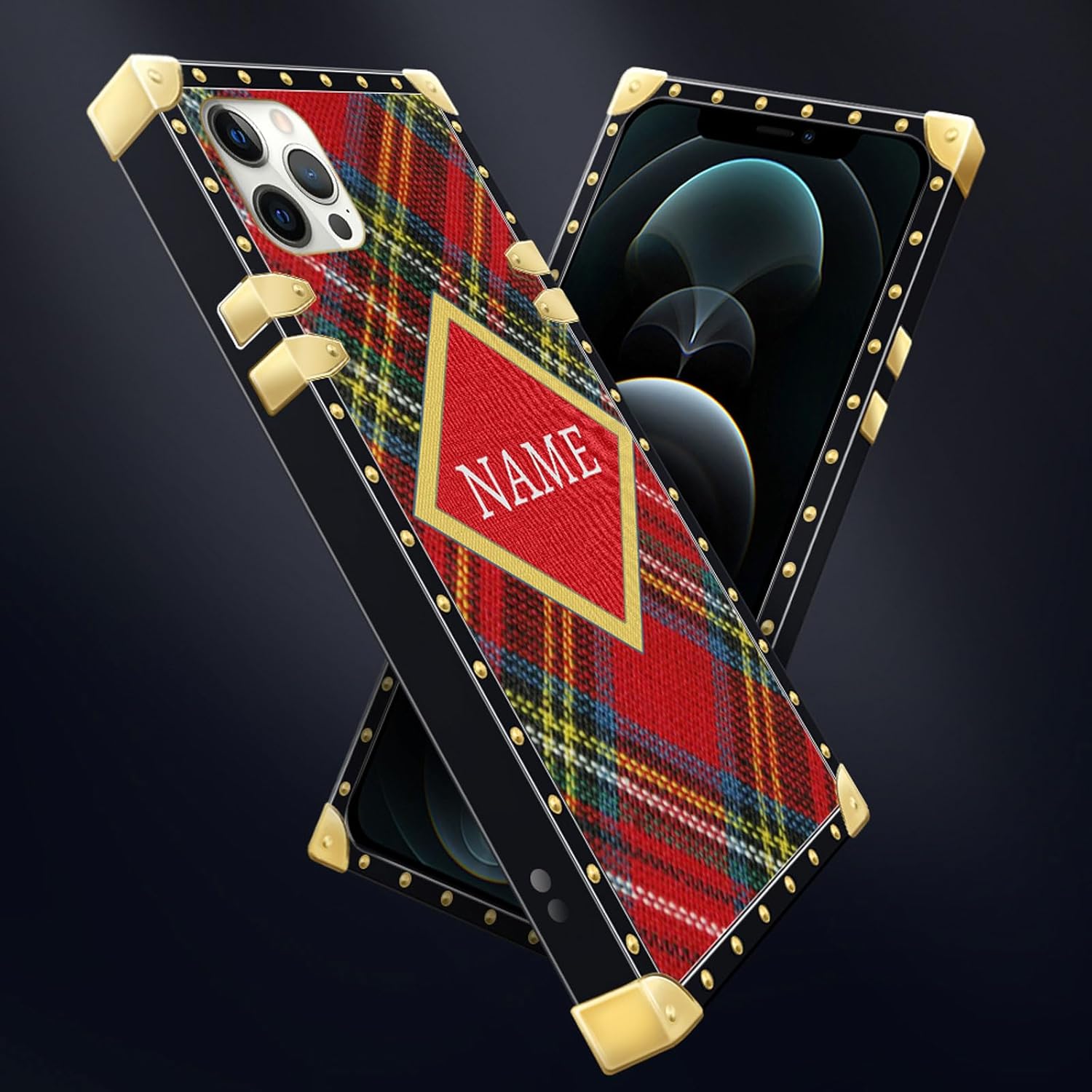 DAIZAG Funda de teléfono a cuadros de Navidad personalizada con nombre personalizado, funda dorada a prueba de golpes para iPhone 15 14 13 12 11 Xs