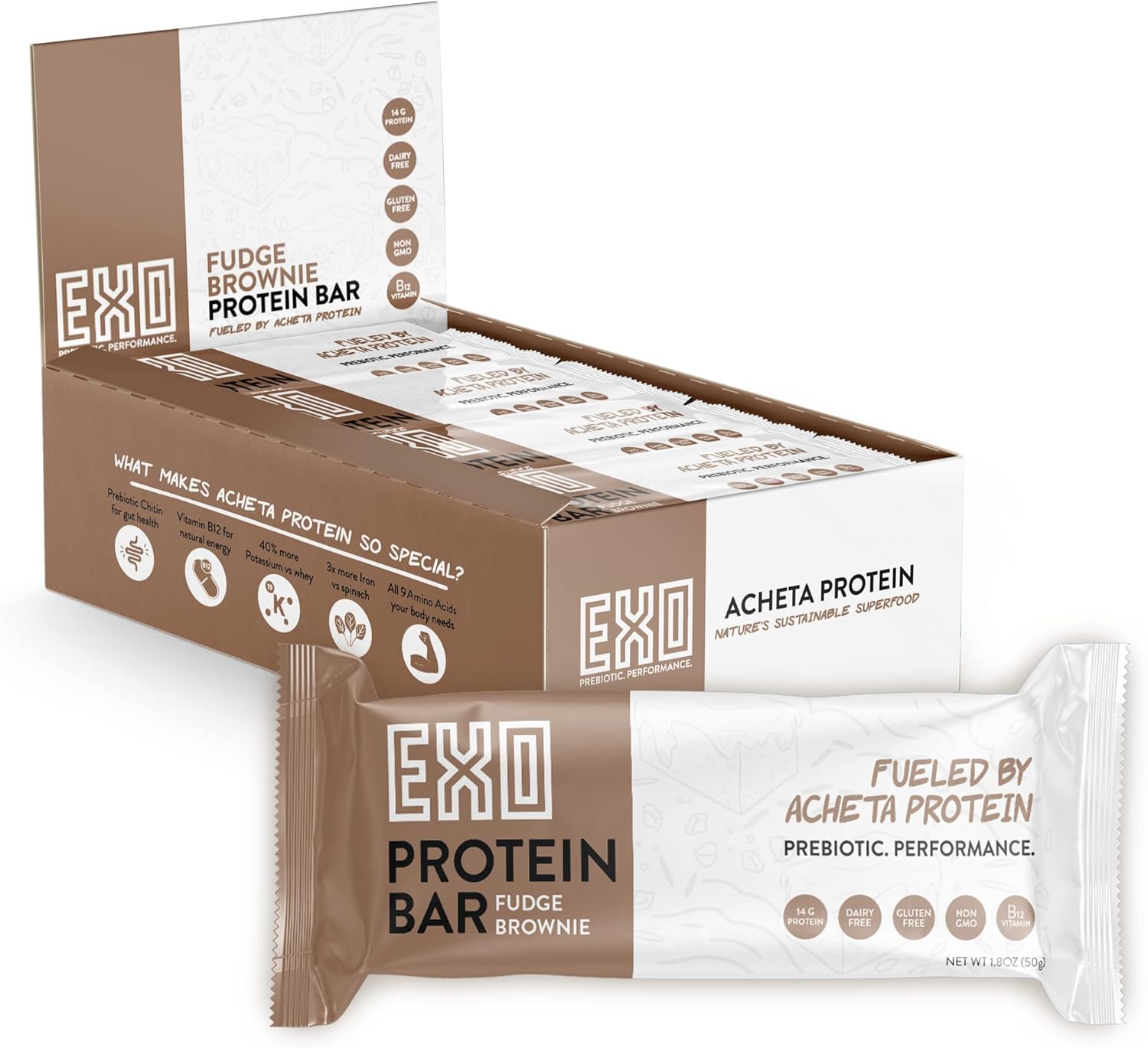 EXO Barras de proteínas prebióticas, brownie de dulce de azúcar, sin lácteos, sin gluten, bajas en azúcar, 0.55 onzas de proteína, sostenible, B12,