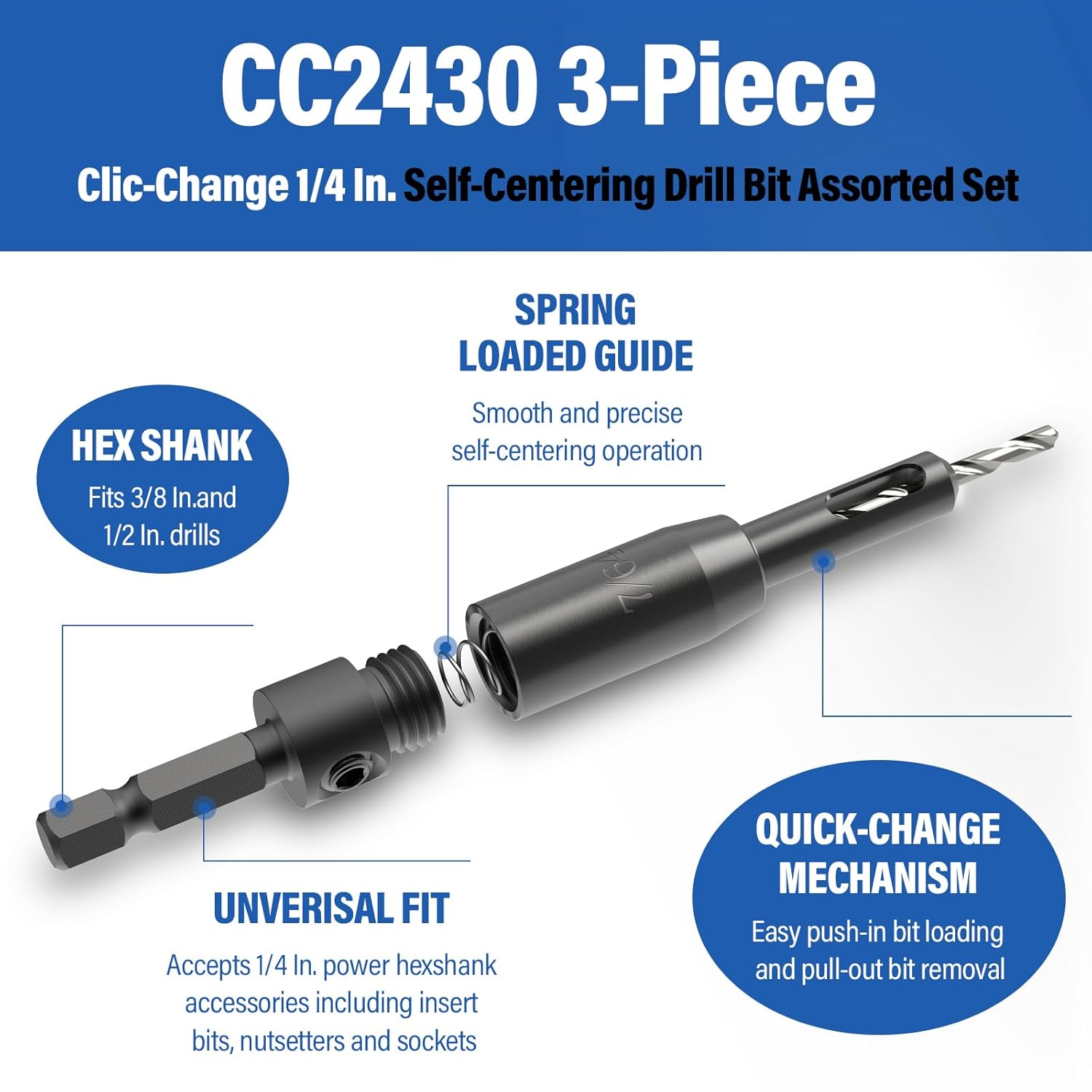 CC2430 Broca autocentrante surtida para Bosch, con resorte de 3 piezas, cambio de clic, vástago hexagonal de 14 de pulgada para cambios rápidos de
