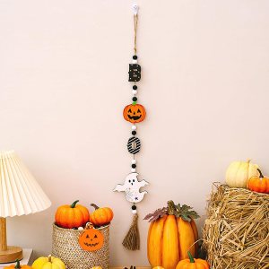 Guirnalda de madera de fantasma de Halloween, decoración de calabaza con borla de yute, letrero de calabaza, naranja y blanco, negro, juego de Guirnalda de madera de fantasma de Halloween, decoración de calabaza con borla de yute, letrero de calabaza, naranja y blanco, negro, juego de