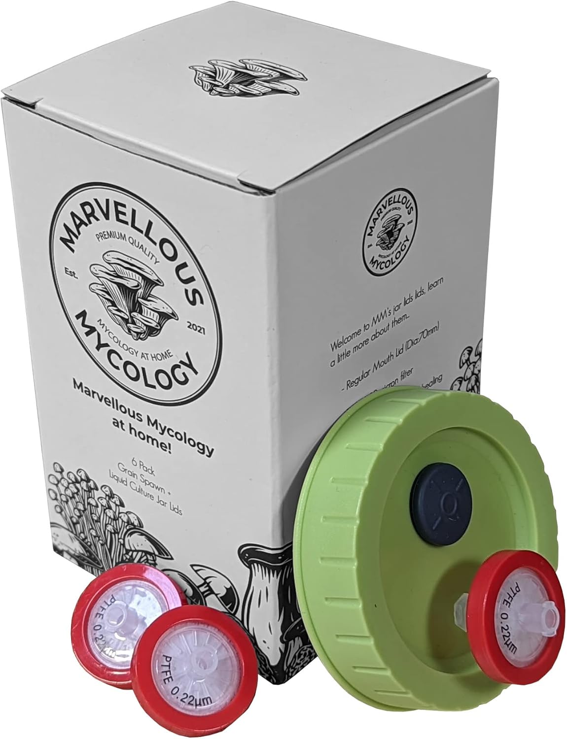 Marvellous Mycology – Tapa de cultivo líquido de boca regular (paquete de 6), tapa de tarro de cultivo de grano con filtro de jeringa de PTFE de