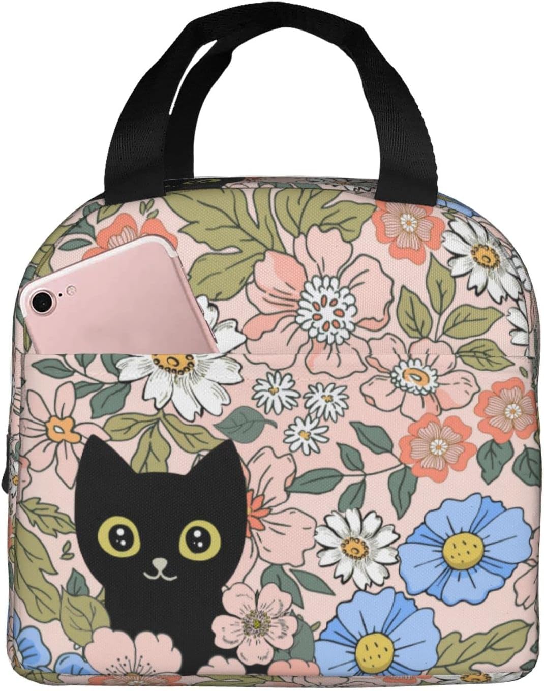 HIZUWKY Lonchera con diseño floral de gato negro, reutilizable, aislada, para adolescentes, niñas, niños, mujeres, para escuela, viajes, picnic,