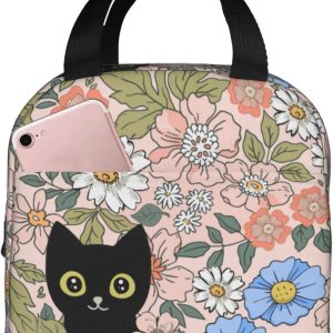 HIZUWKY Lonchera con diseño floral de gato negro, reutilizable, aislada, para adolescentes, niñas, niños, mujeres, para escuela, viajes, picnic, HIZUWKY Lonchera con diseño floral de gato negro, reutilizable, aislada, para adolescentes, niñas, niños, mujeres, para escuela, viajes, picnic,