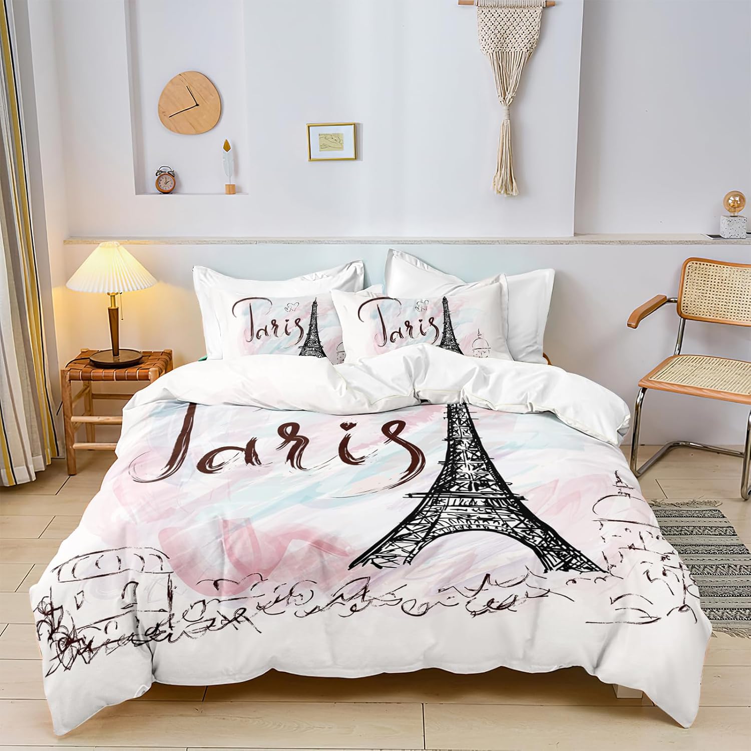 Juego de funda de edredón de la Torre Eiffel, tamaño individual, francesa, romántica, París, ciudad, color rosa, blanco, con estampado de San