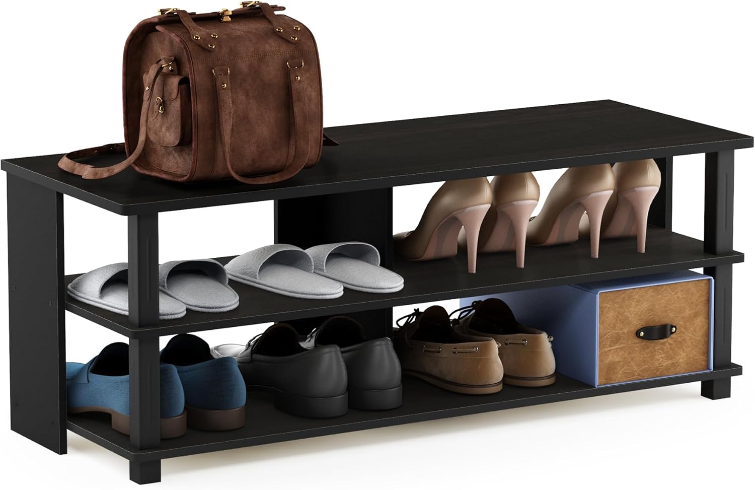 Furinno Turn-N-Tube – Zapatero compacto de 3 niveles para entrada de armario, color espressonegro