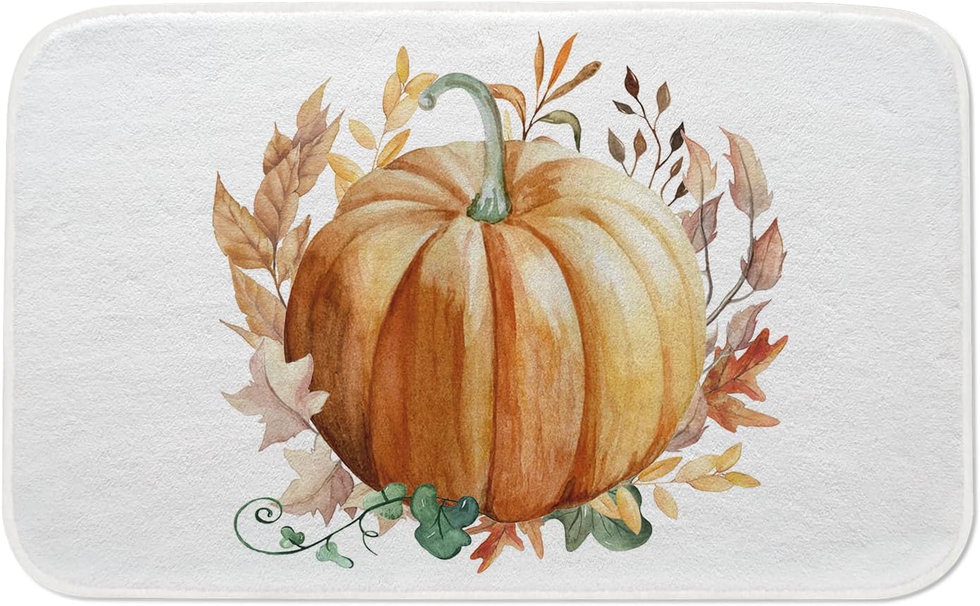 Alfombra de baño de otoño con calabaza naranja, hojas de arce, antideslizante, 20 x 32 pulgadas, alfombra de baño suave de cosecha de otoño,
