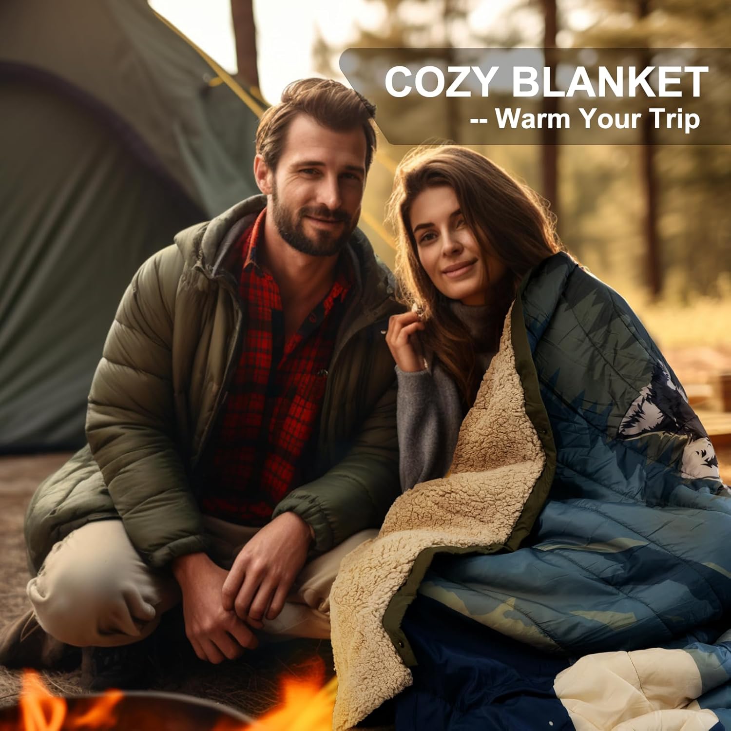 Kawagebo – Manta de forro polar Sherpa para acampar al aire libre con bolsa impermeable plegable, manta de campamento suave y cálida 3 en 1, manta
