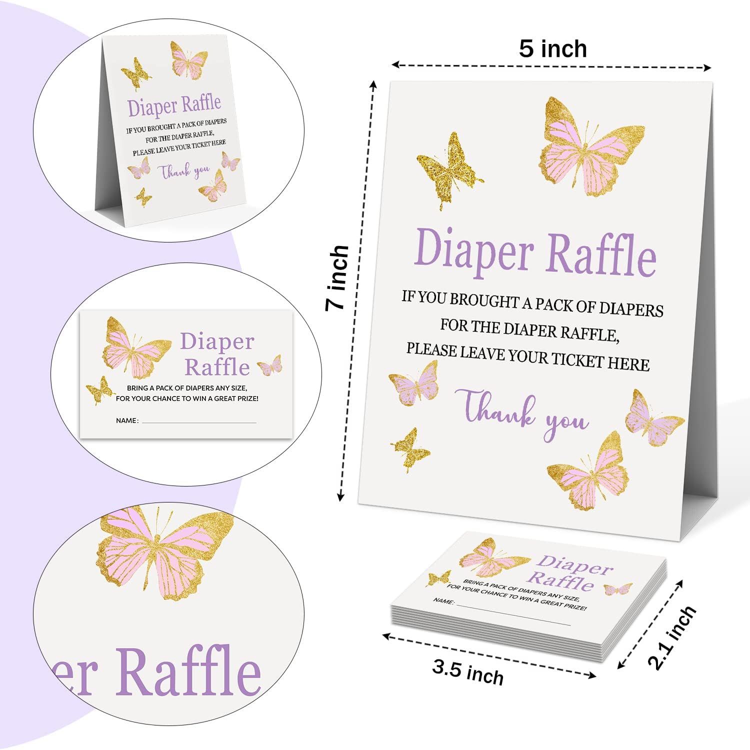 Juego de rifa de pañales para baby shower, 1 letrero y 50 boletos para rifas de pañales, mariposas doradas lilas, decoraciones de juego para fiesta