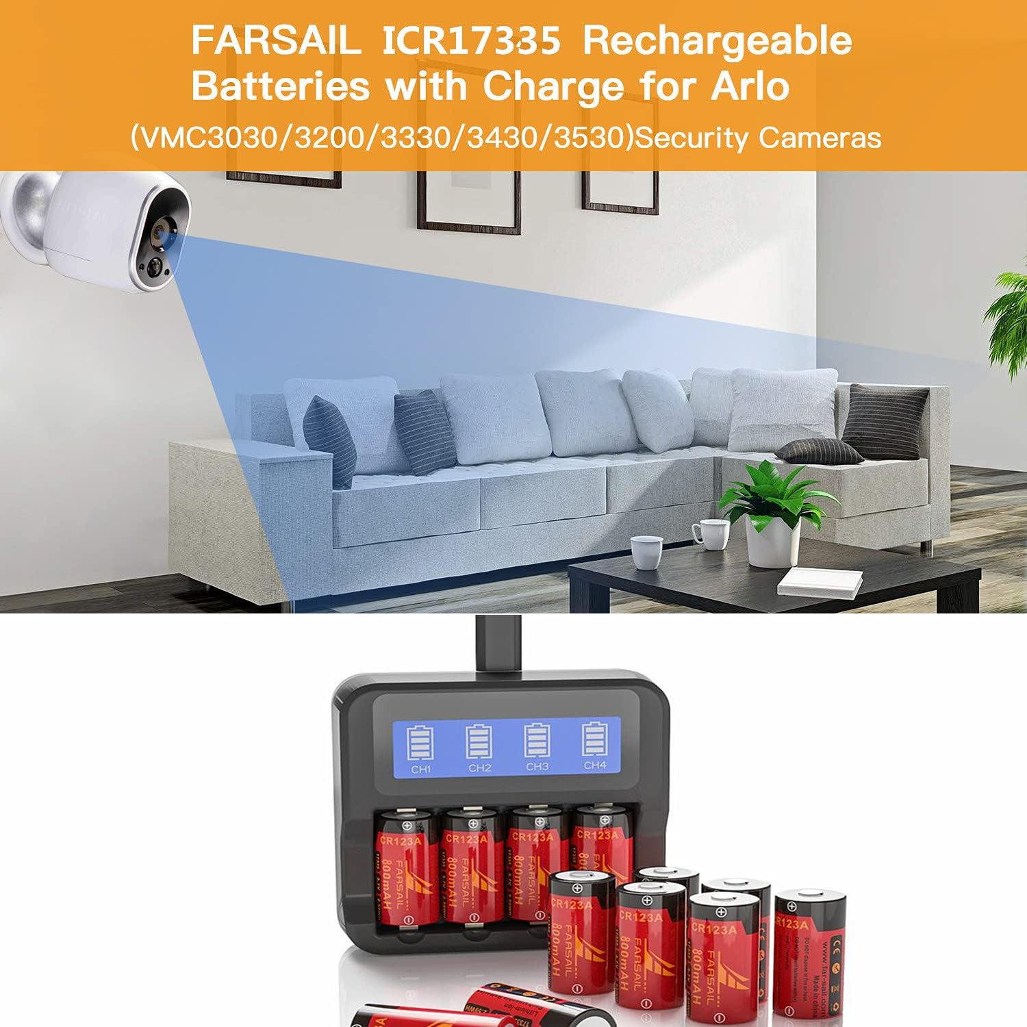 Arlo – Baterías recargables CR123A, cargador FARSAIL 4 unidades 800mAH 123A NiMH baterías recargables para cámara Arlo VMS3130 VMC3030 VMK3200