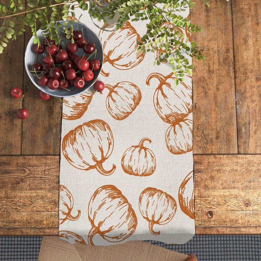 ARKENY Camino de mesa de Acción de Gracias de 13 x 120 pulgadas, naranja Hello Pumpkin, arpillera de temporada para interiores y otoño, camino de