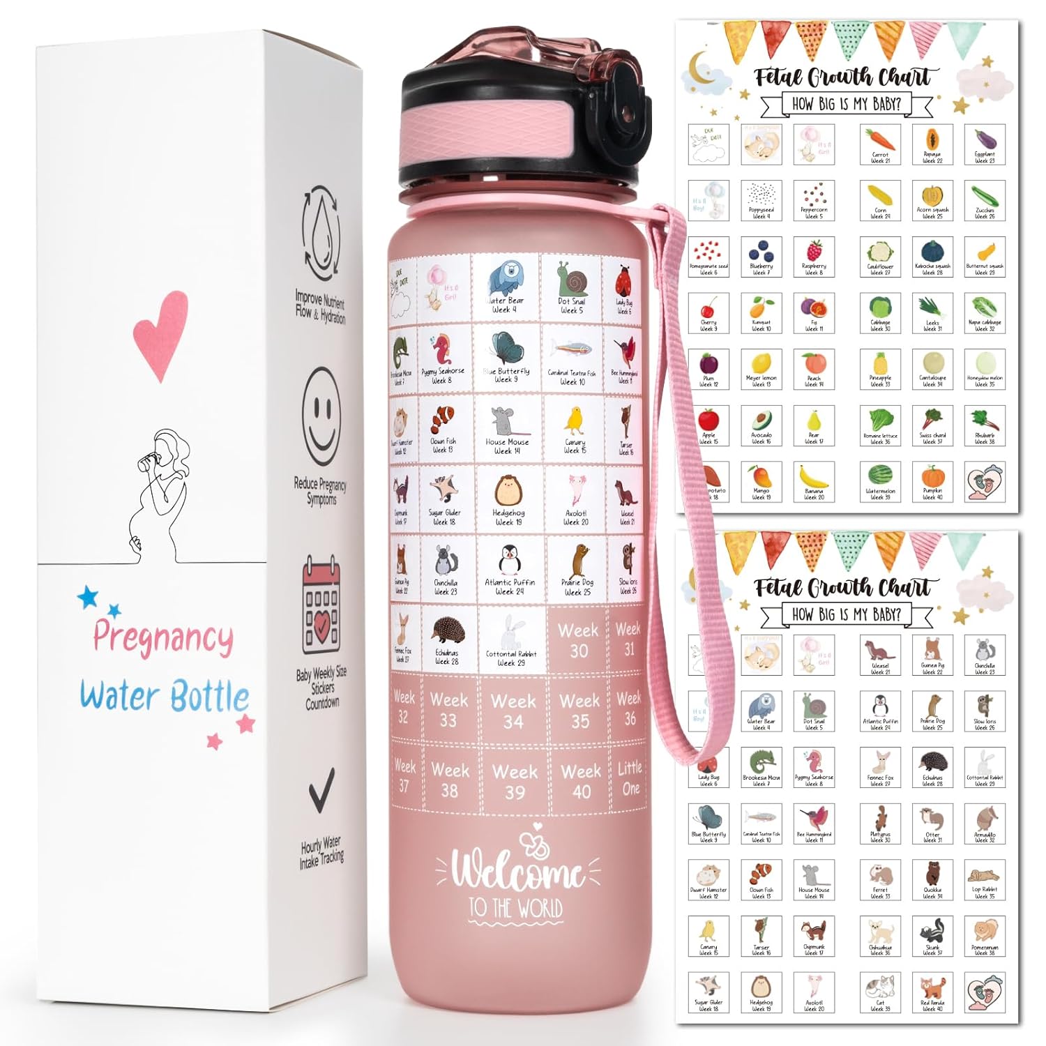 Rastreador de botellas de agua de embarazo (rosa), con 2 calcomanías semanales diferentes, el embarazo debe tener el primer trimestre, regalos
