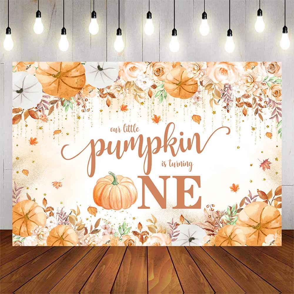 Fondo de calabaza para el primer cumpleaños, decoración de otoño con diseño de calabaza para el primer cumpleaños, pancarta con texto en inglés “Our
