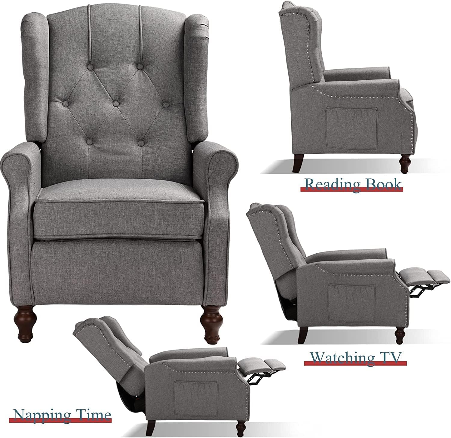 OQQOEE Wingback – Silla reclinable de tela, sillas decorativas con respaldo acolchado de diamante con respaldo ajustable y cojines acolchados